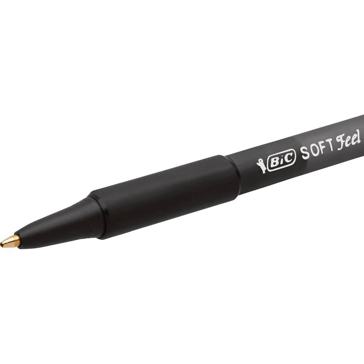 Penna BIC nera con punta dorata. La penna ha il nome del marchio e la scritta 'SOFT Feel'.