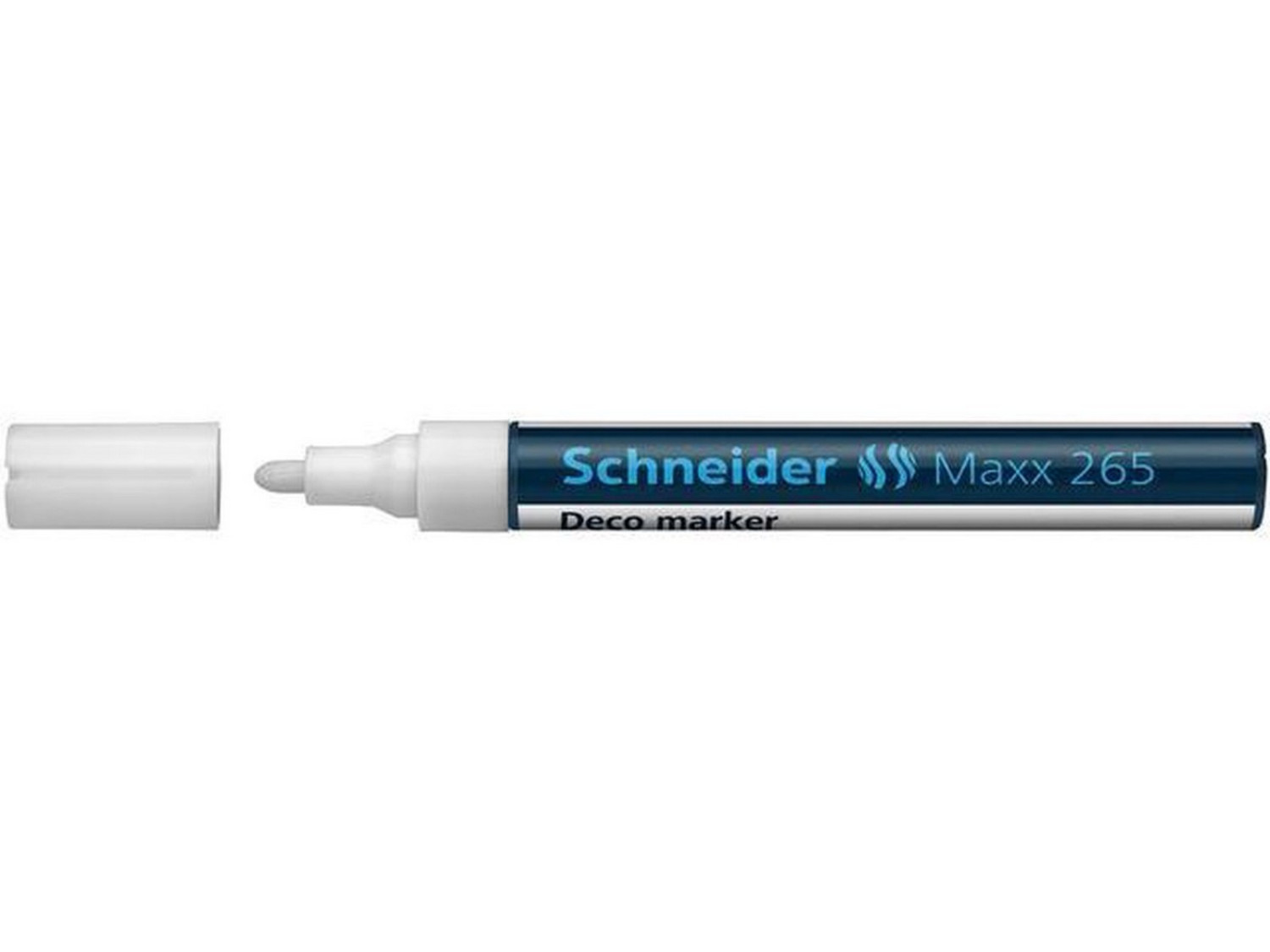 Un pennarello decorativo Schneider Maxx 265 bianco con il suo tappo accanto, il marchio è visibile.