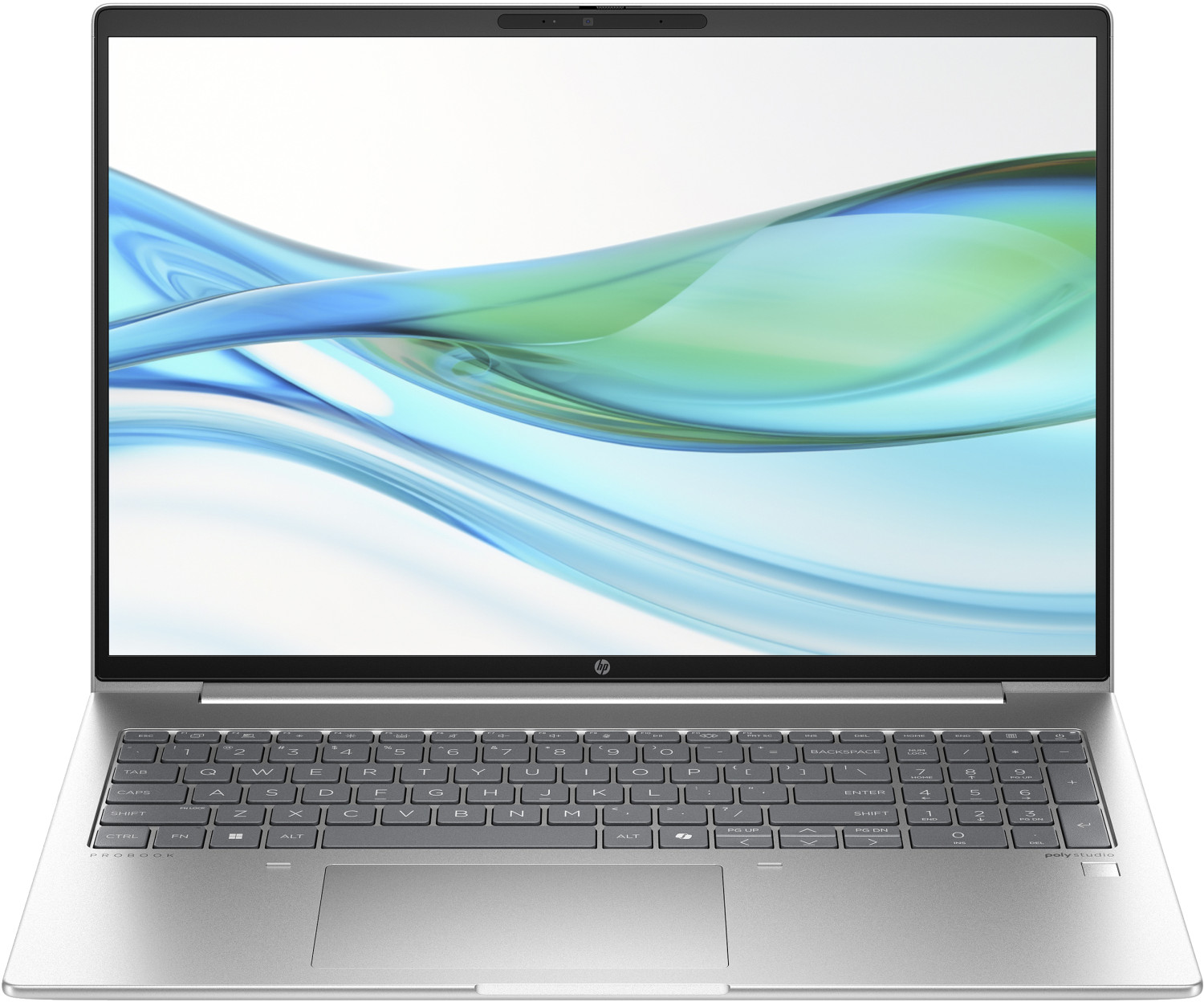 Un laptop HP argentato con uno sfondo astratto blu e verde sullo schermo.