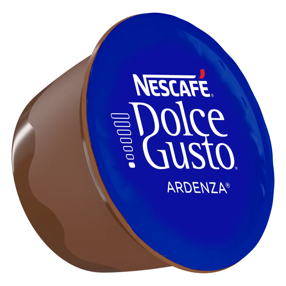 Una capsula di caffè marrone con coperchio blu, Nescafé Dolce Gusto Ardenza.