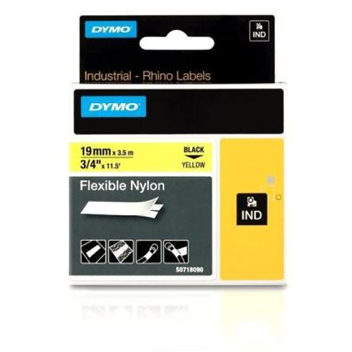 Scatola etichettatrice DYMO. Contiene etichette nere e gialle con testo bianco.