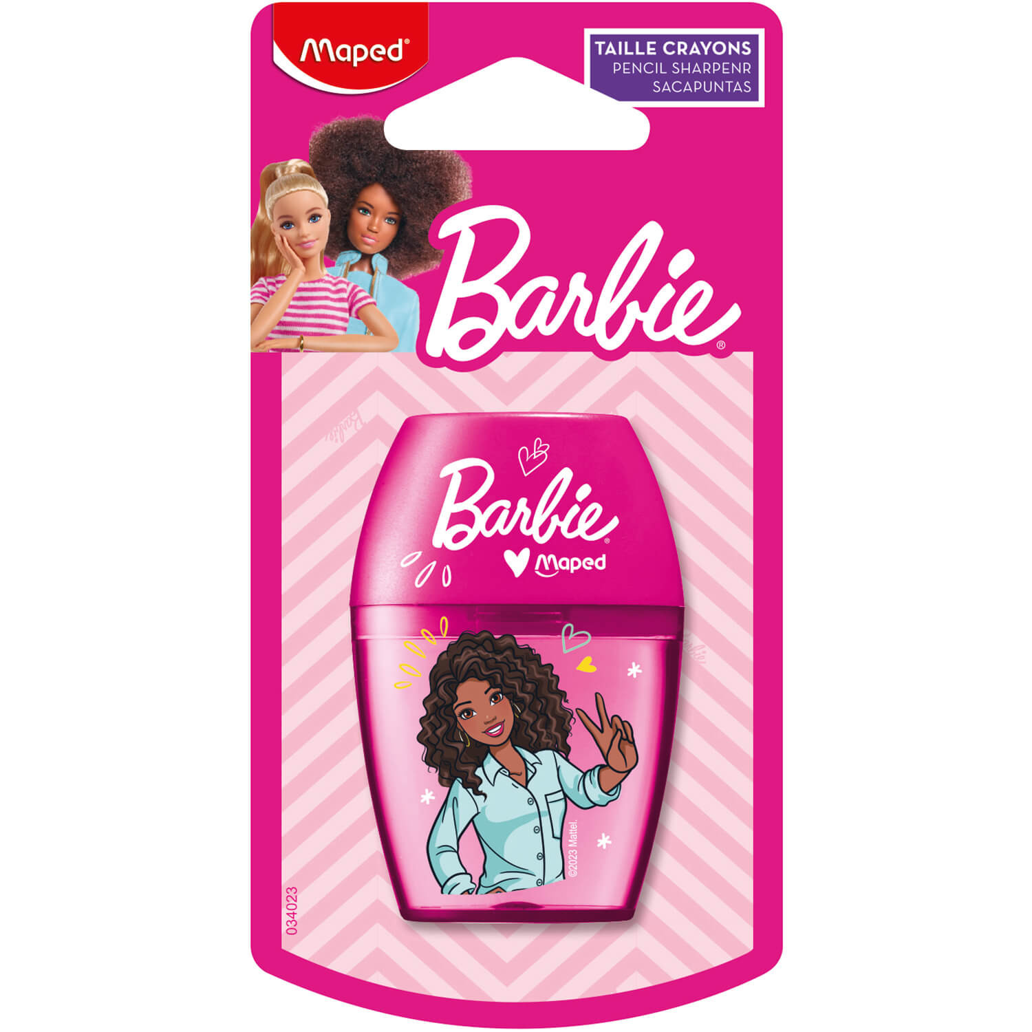 Temperamatite Barbie. Temperamatite rosa con Barbie e testo, su sfondo rosa.