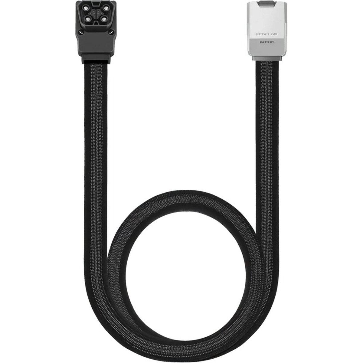 Un cavo nero con un connettore nero e un connettore batteria ECOFLOW bianco.