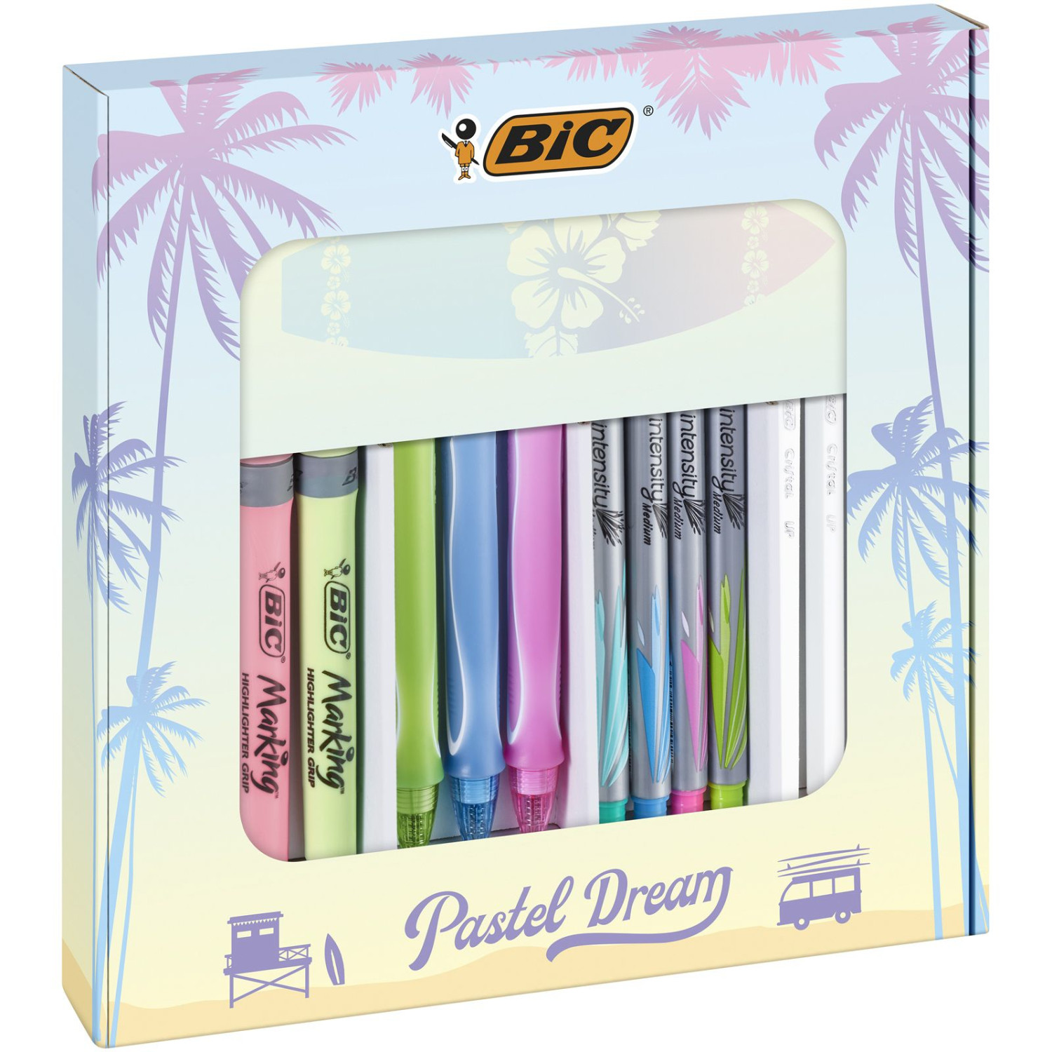 Un set di evidenziatori e pennarelli pastello BIC in una scatola con palme e una scena di spiaggia.