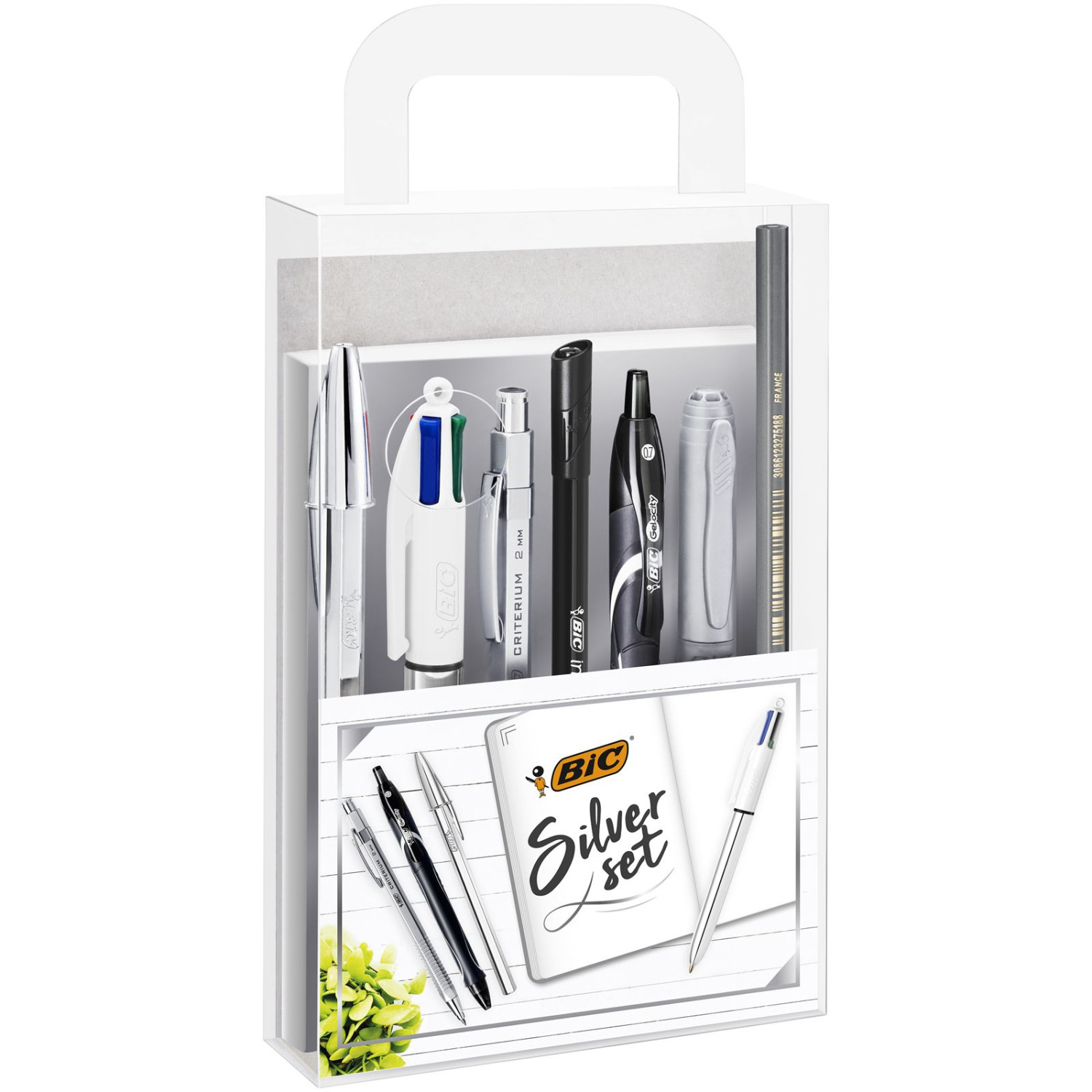Set BIC Silver. Custodia in plastica trasparente con penne e matita.