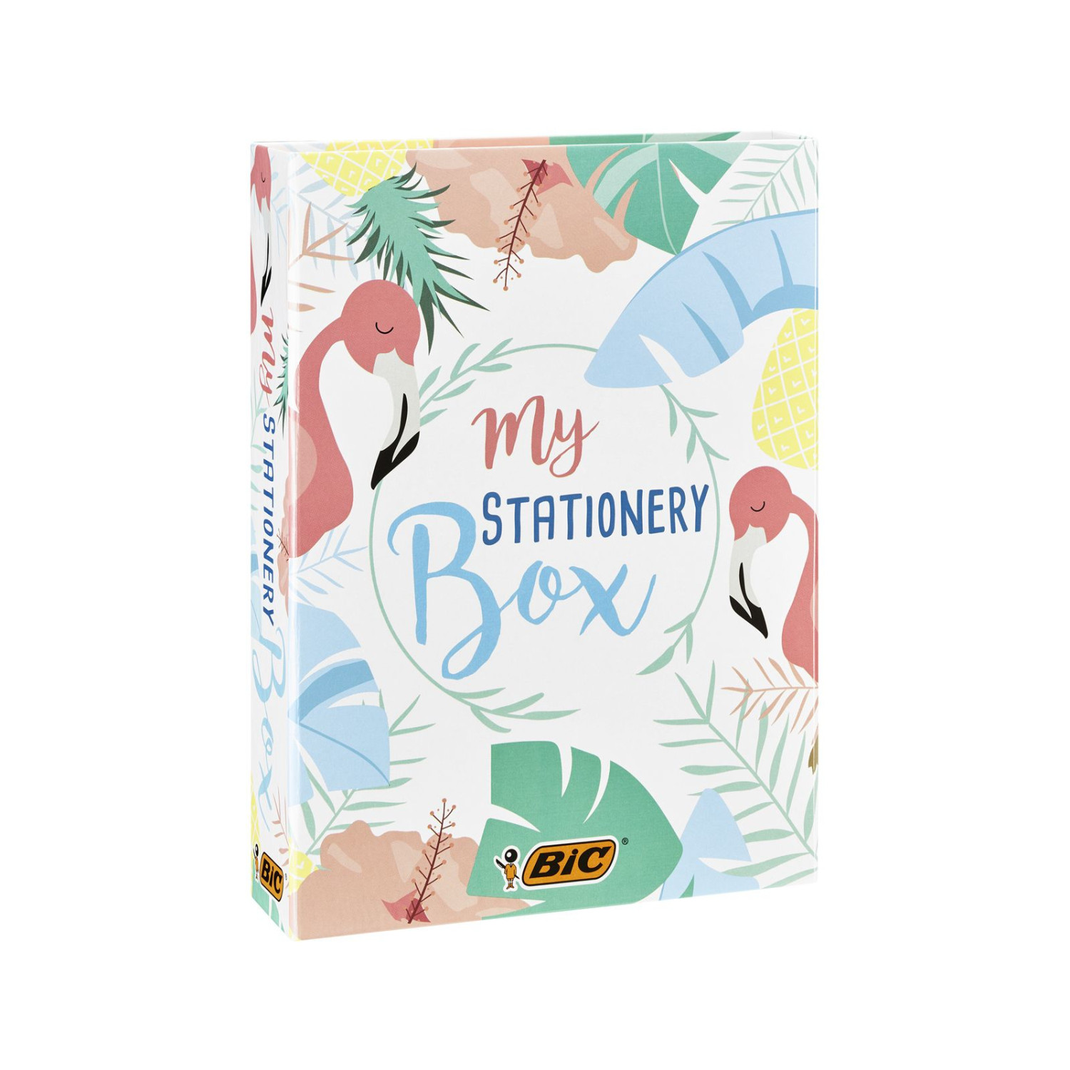 Una scatola di cancelleria con fenicotteri e foglie tropicali. Dice 'My Stationery Box' e 'BIC'.