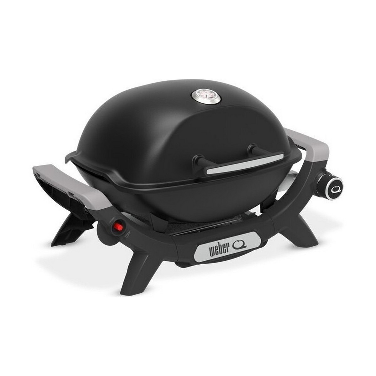 Czarny grill Weber, okrągły z pokrywą, na czarnym stojaku, szare nogi.