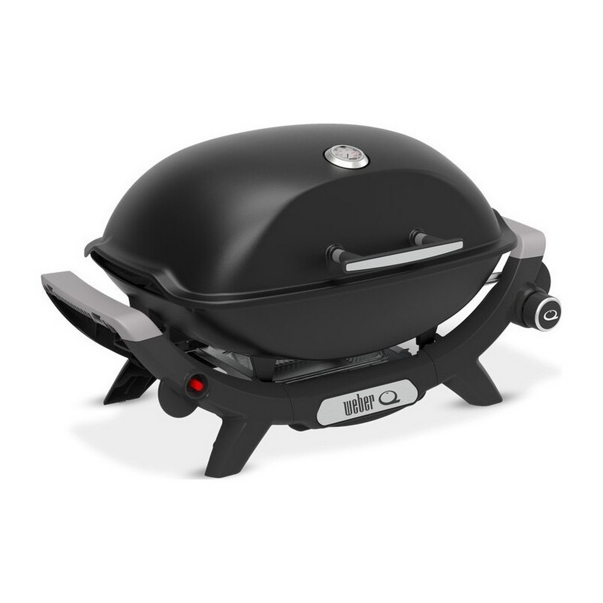 Ein schwarzer tragbarer Gasgrill mit silbernen Akzenten und einem Temperaturmesser.