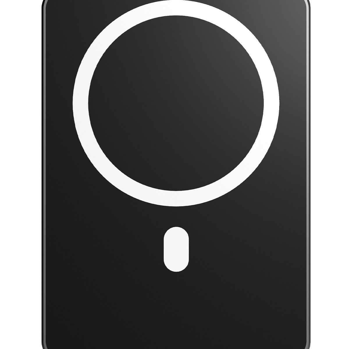 Chargeur magnétique noir avec un cercle blanc et un ovale blanc. Le chargeur est sur une surface.