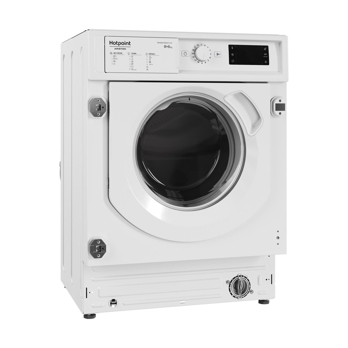 Ein weißer Hotpoint Trockner mit Bedienfeld und geschlossener Tür auf weißem Hintergrund.