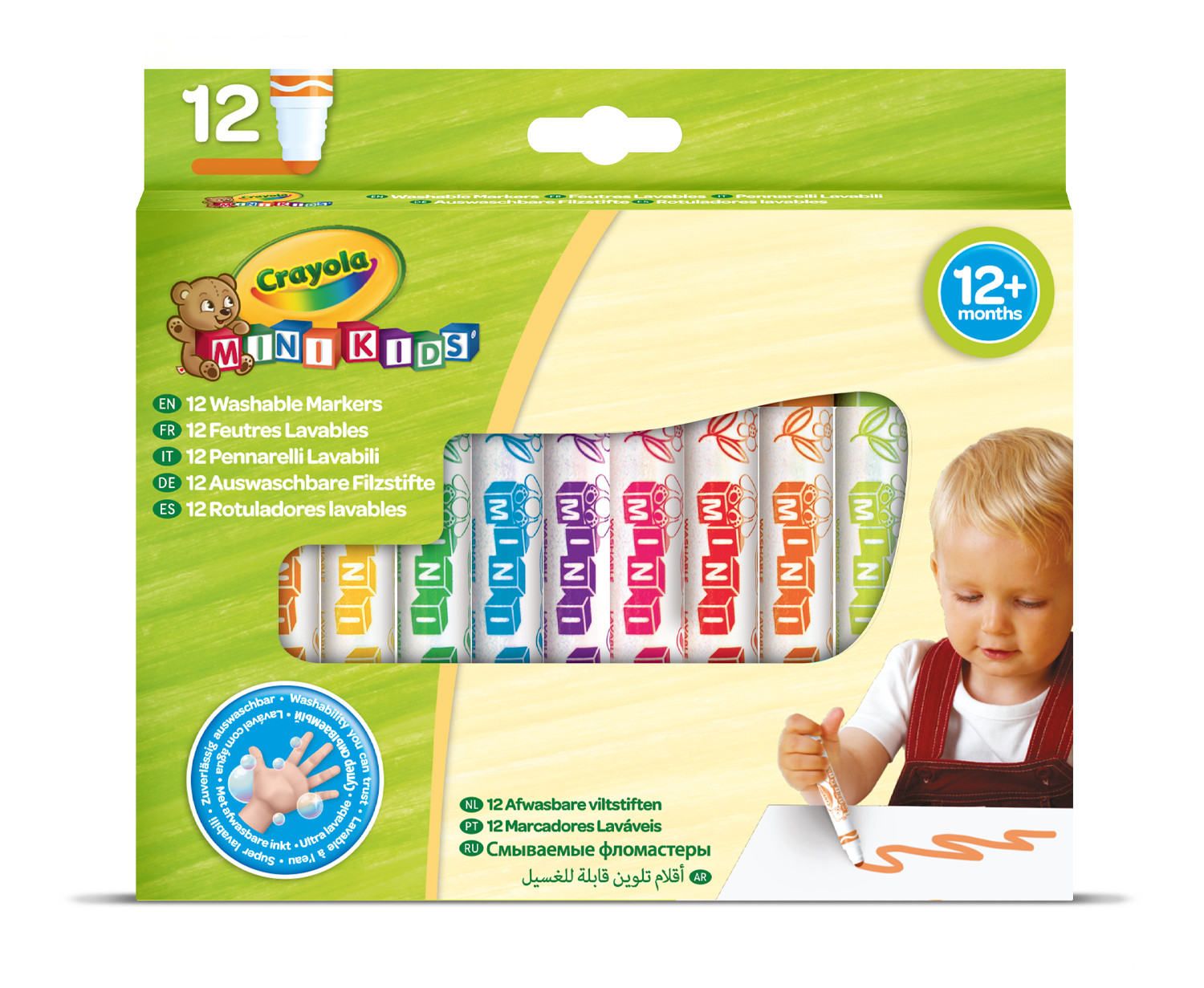Scatola di pennarelli Crayola Mini Kids. Mostra i pennarelli e un bambino che disegna. Colori verde e arancione.