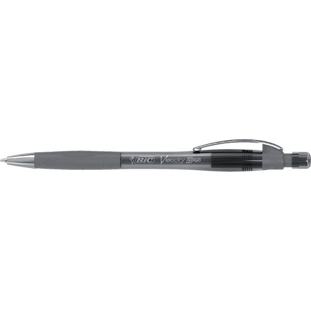 Penna BIC Velocity. Penna grigia con clip argentata e impugnatura in gomma.