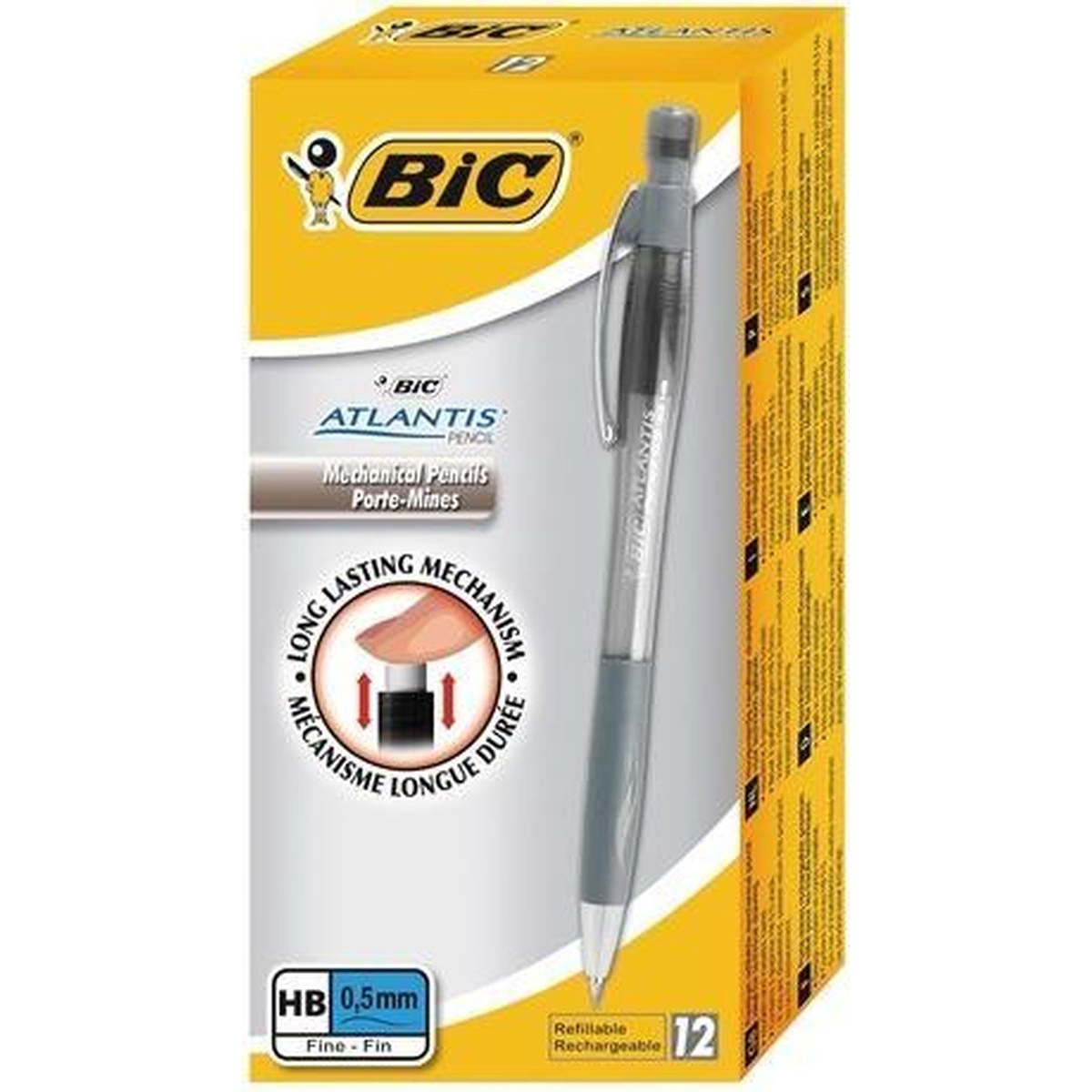 Una scatola gialla e bianca di una matita meccanica BIC Atlantis. È su uno sfondo bianco.