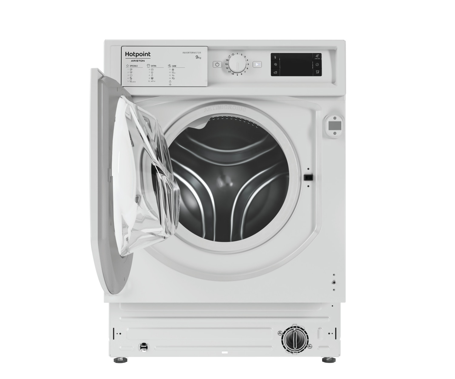 Lavatrice Hotpoint bianca con porta aperta, che mostra l'interno.