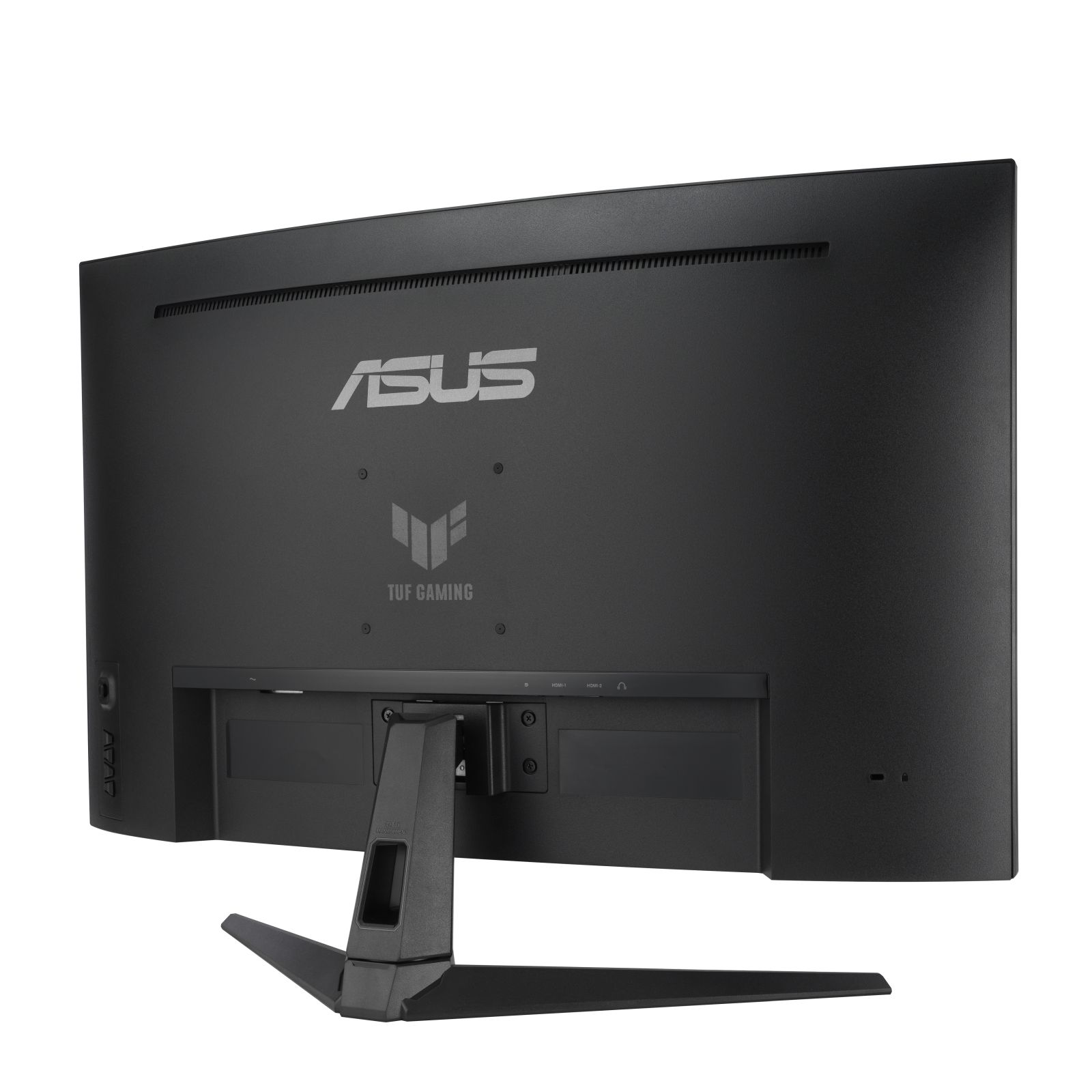 Czarny monitor ASUS TUF Gaming, widok z tyłu, z widocznym stojakiem i portami.