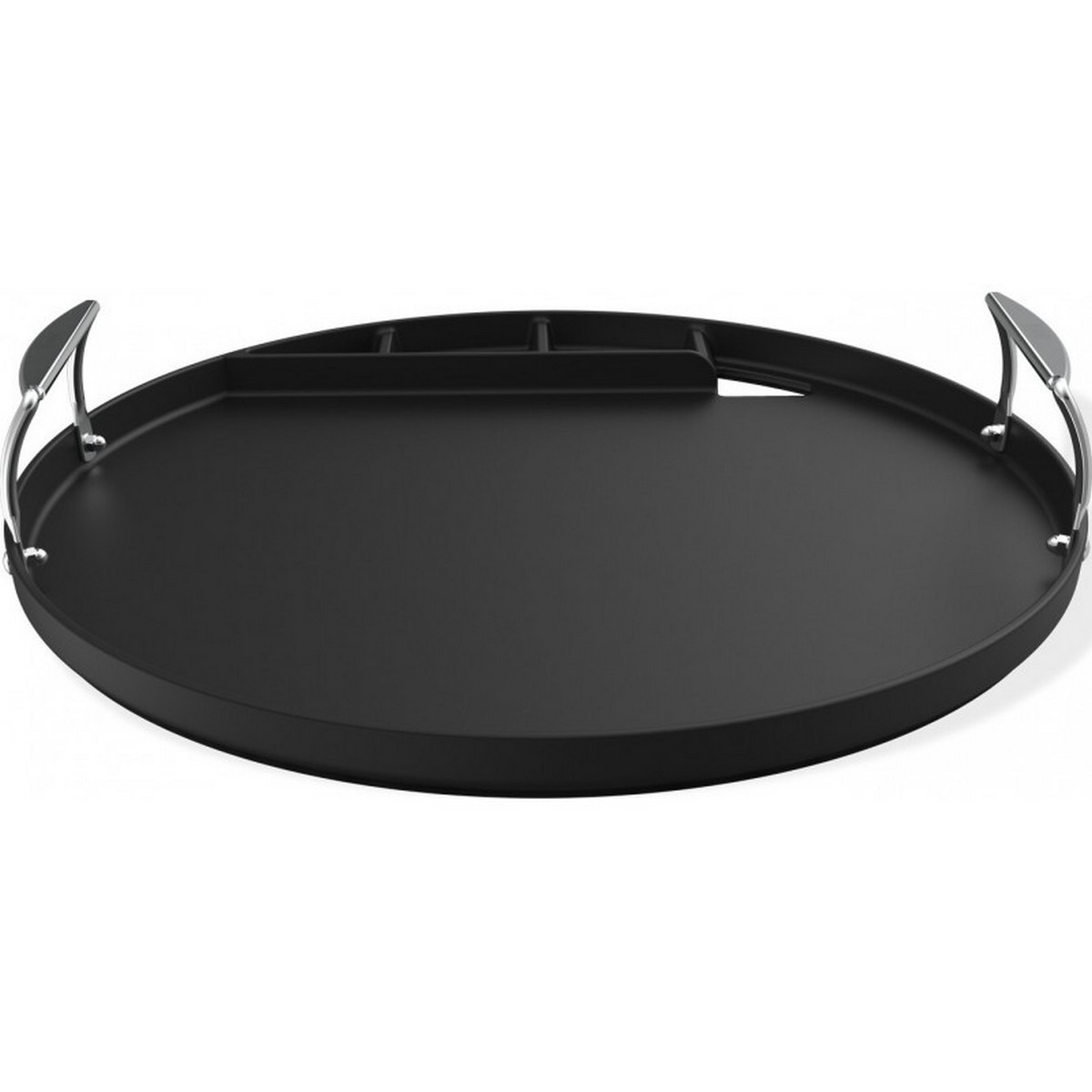 Ein schwarzes, rundes Serviertablett mit zwei gebogenen silbernen Griffen. Das Tablett hat ein kleines Fach. Weißer Hintergrund.
