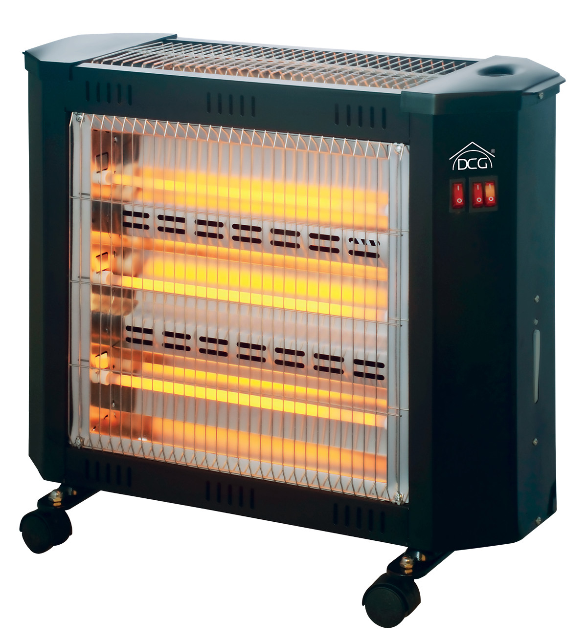 Un termoventilatore elettrico nero con elementi riscaldanti incandescenti.