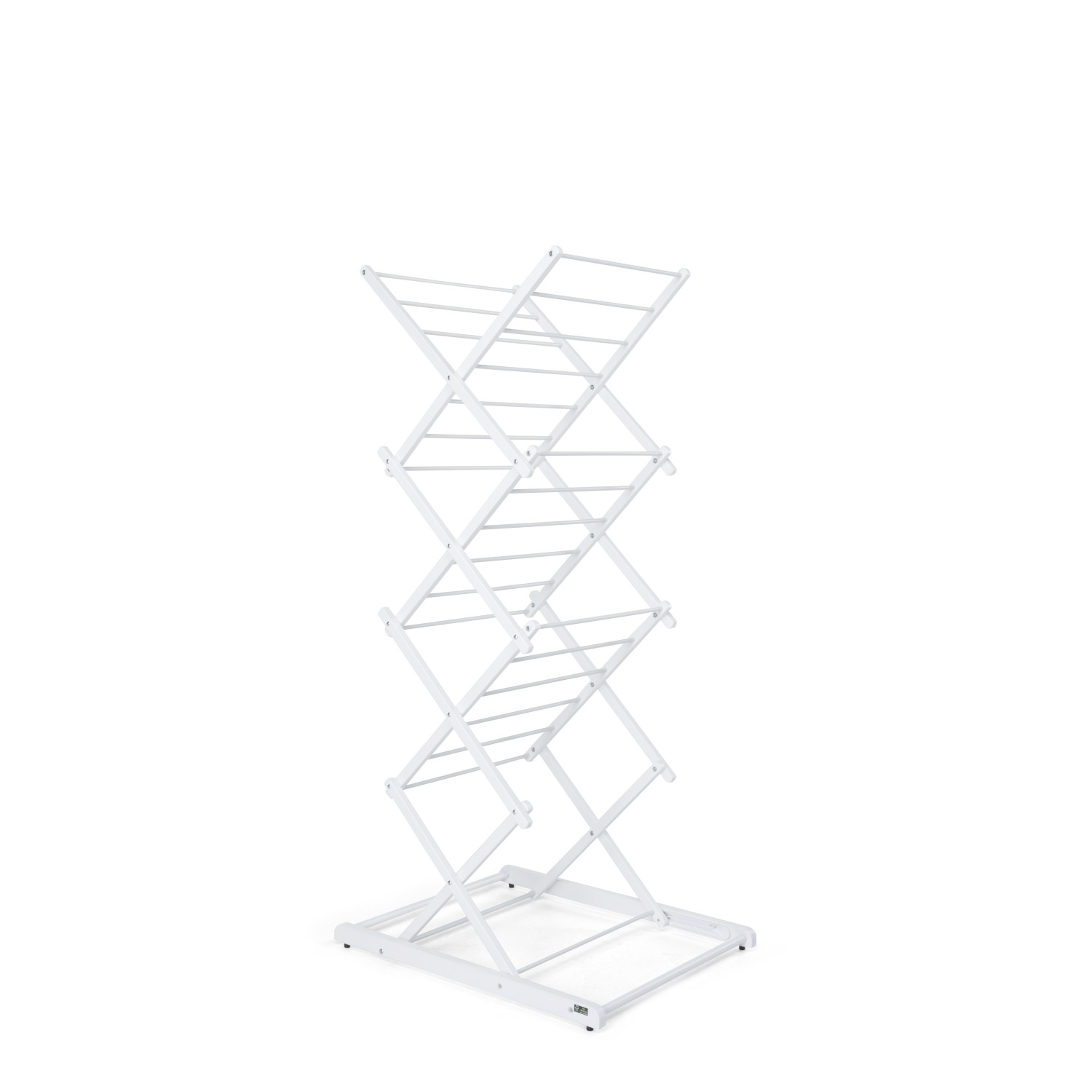 Stendibiancheria bianco. Design a croce pieghevole con barre orizzontali.