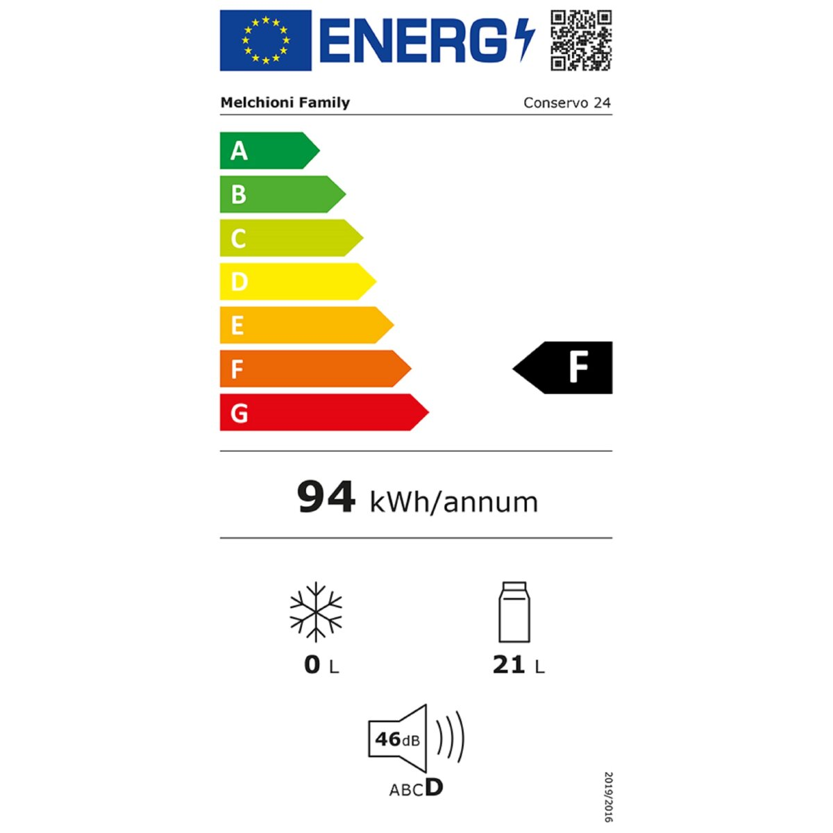 Etykieta energetyczna dla lodówki Melchioni Family.