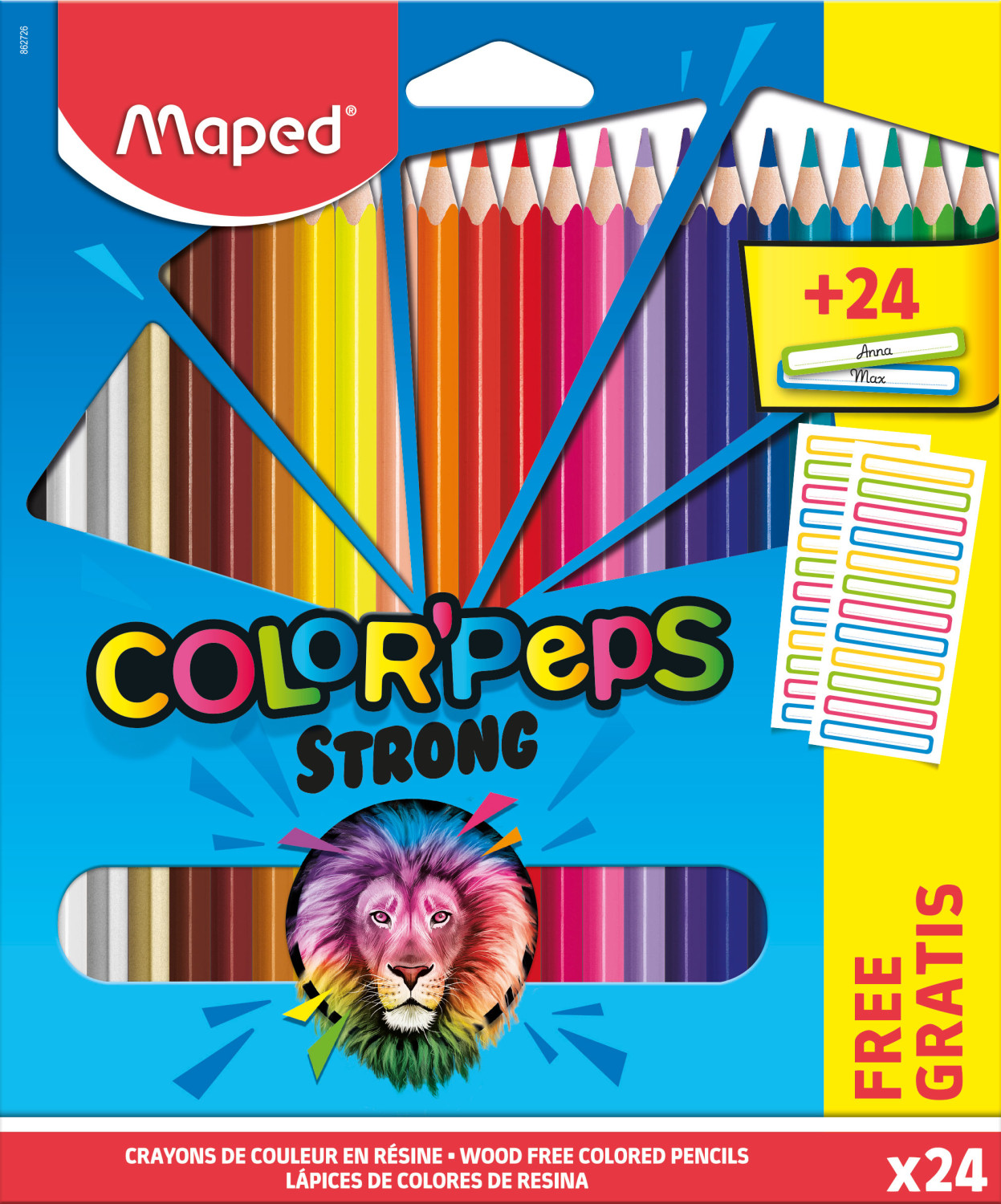 Una scatola di matite colorate con l'etichetta "COLOR'PEPS STRONG" con un'immagine di leone e adesivi extra.