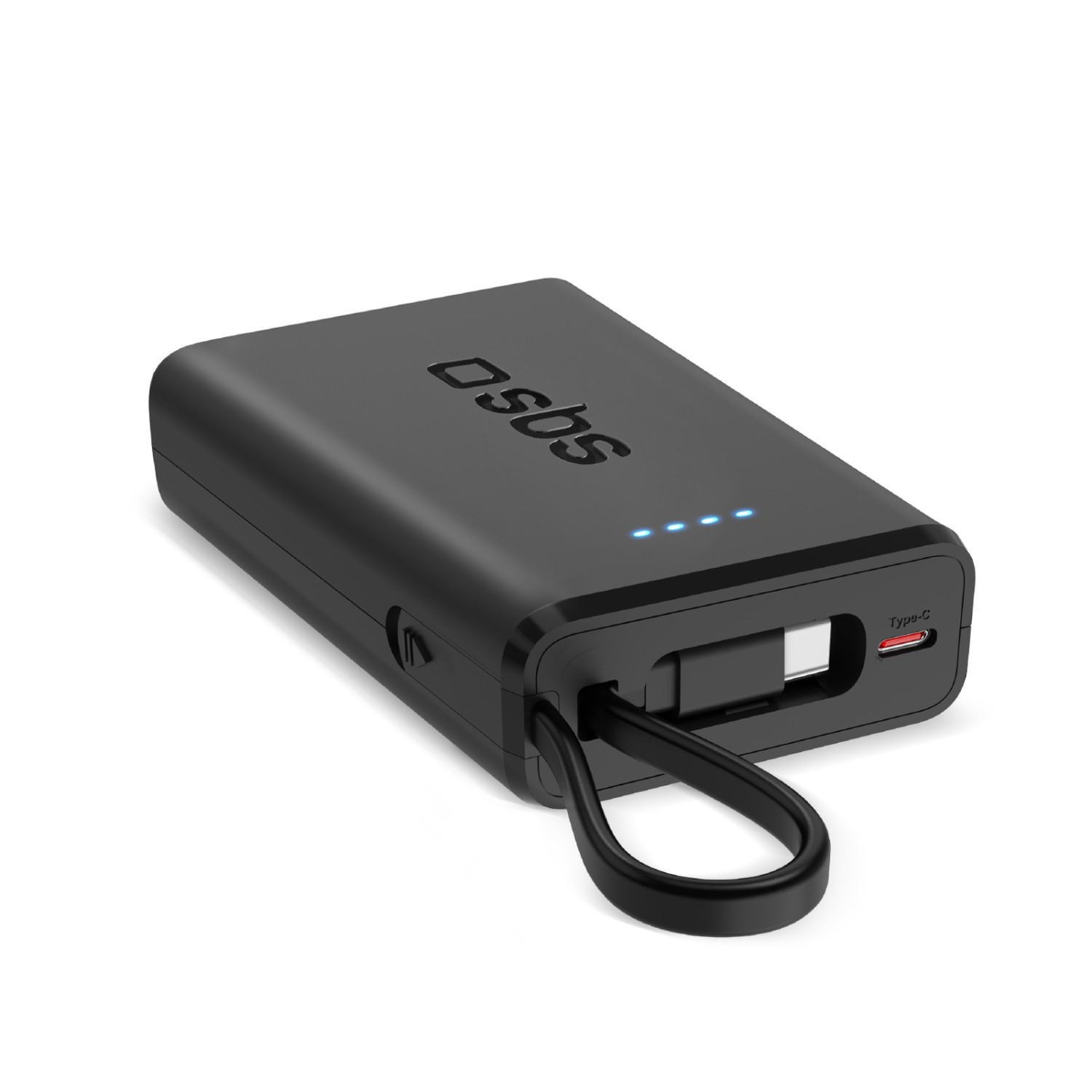 Power bank nero con anello e porta Type-C. Il marchio 'osbs' è visibile.