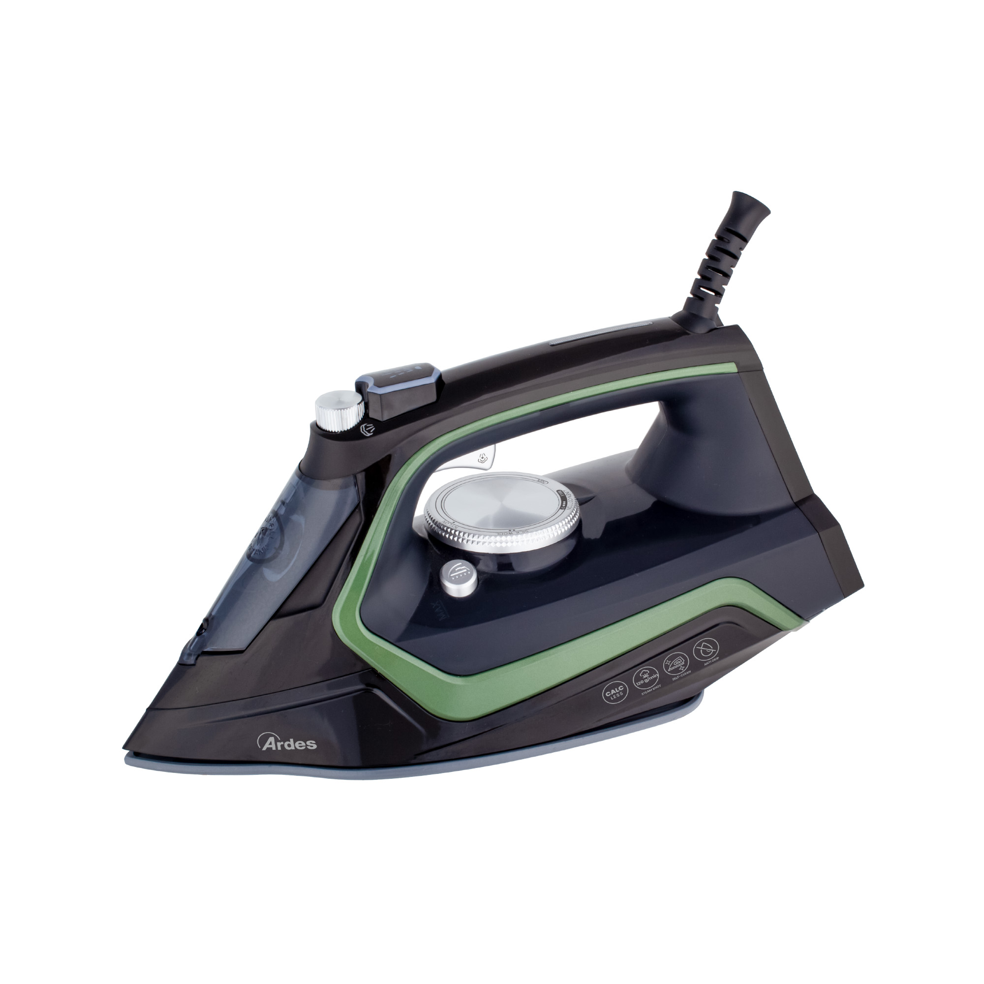 Czarne i zielone żelazko na białym tle. Posiada pokrętło, zbiornik na wodę i różne ustawienia.