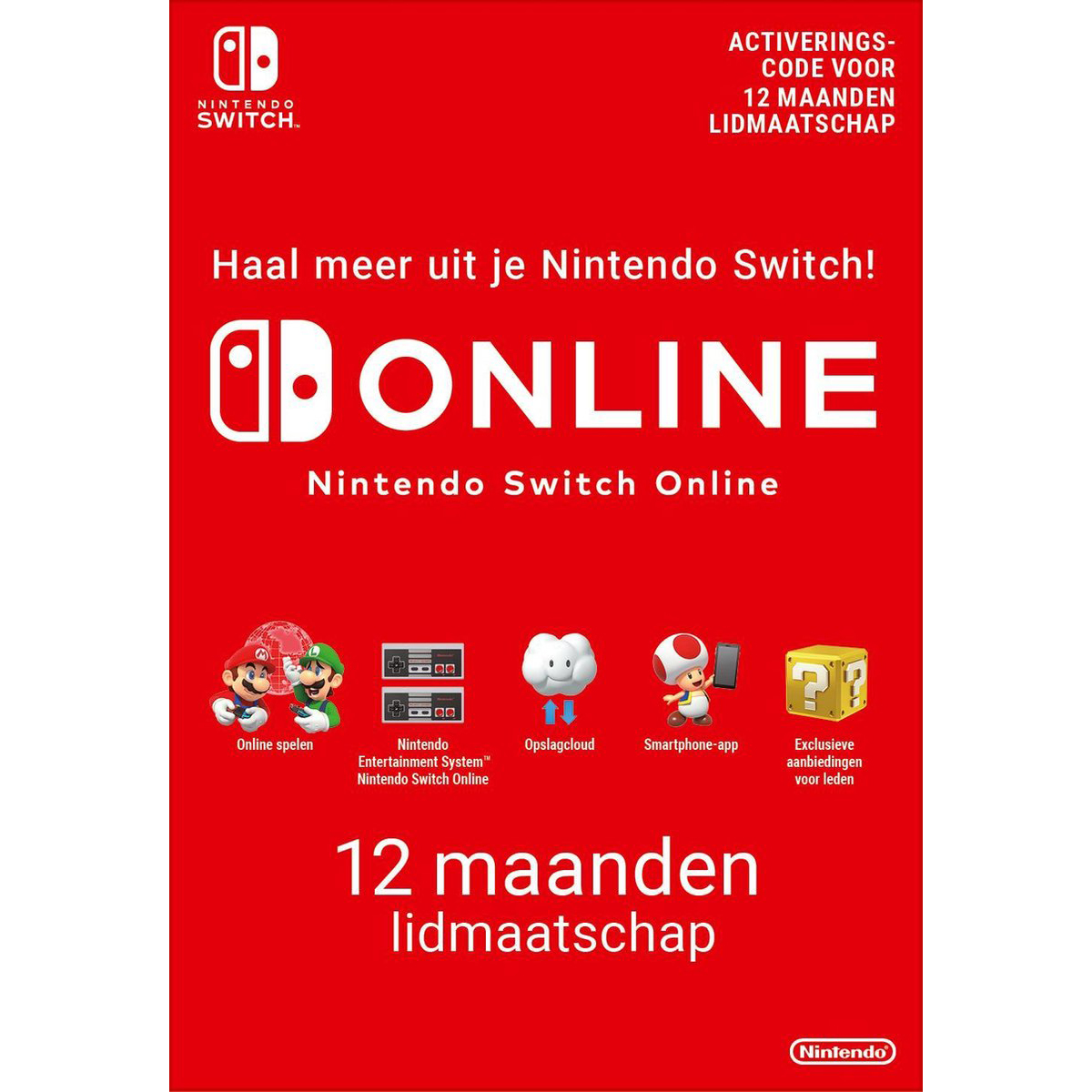 Scheda Nintendo Switch Online. Sfondo rosso con Nintendo Switch e grafica dei giochi.