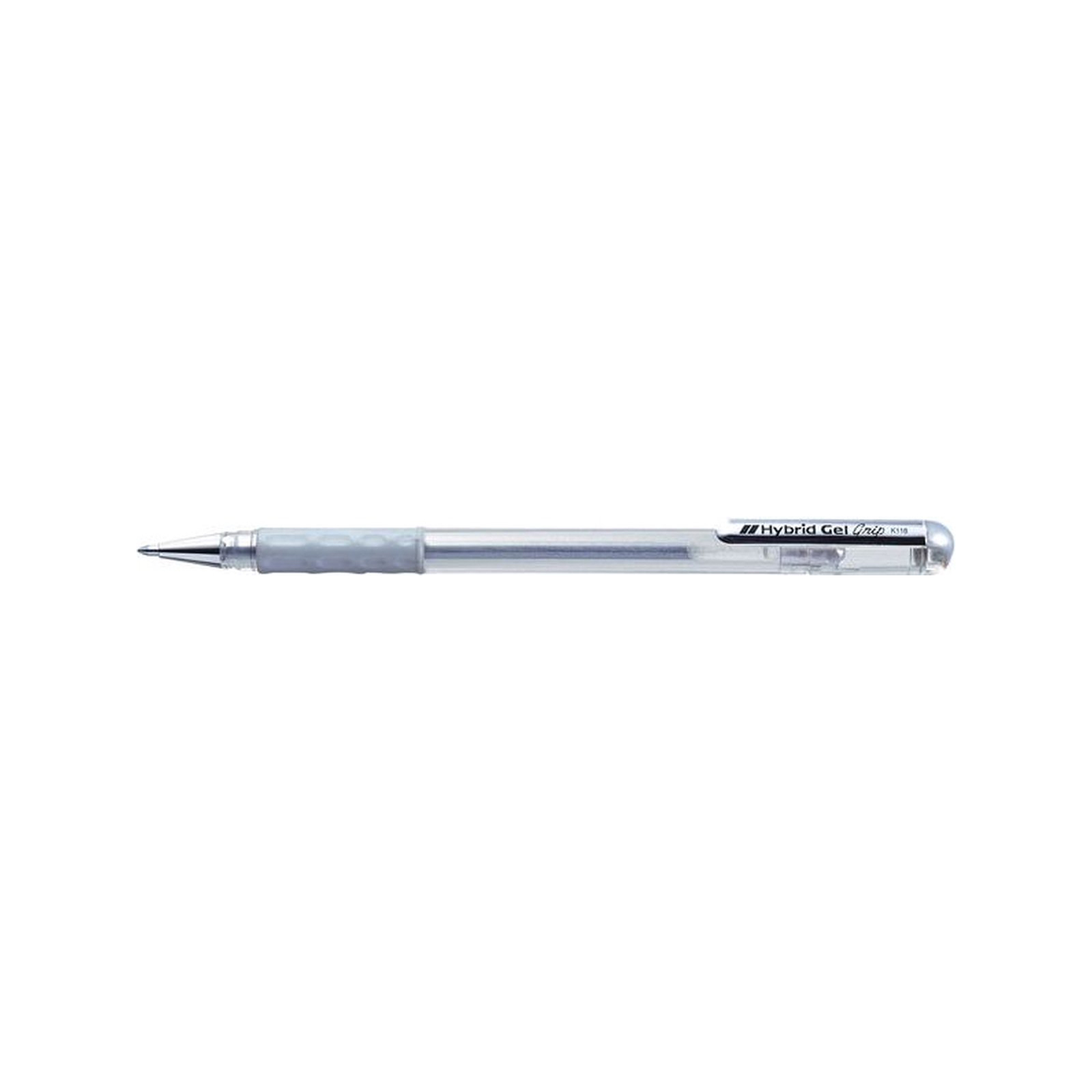 Penna Hybrid Gel Grip argento su sfondo bianco.