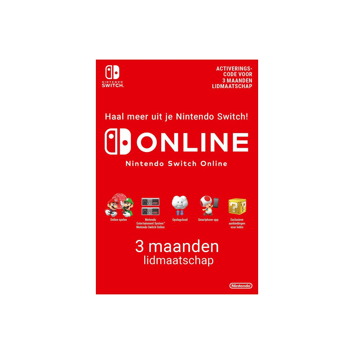 Una scheda di gioco Nintendo Switch rossa. La scheda dice '3 maanden lidmaatschap' e 'Nintendo Switch Online'.