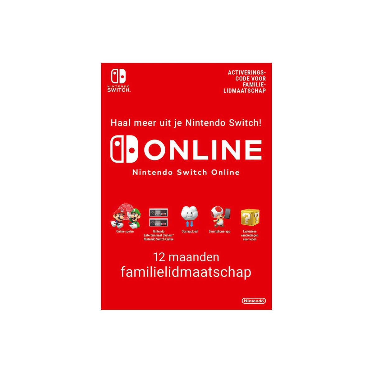 Scheda Nintendo Switch Online. Sfondo rosso con testo bianco. Dettagli del servizio online.