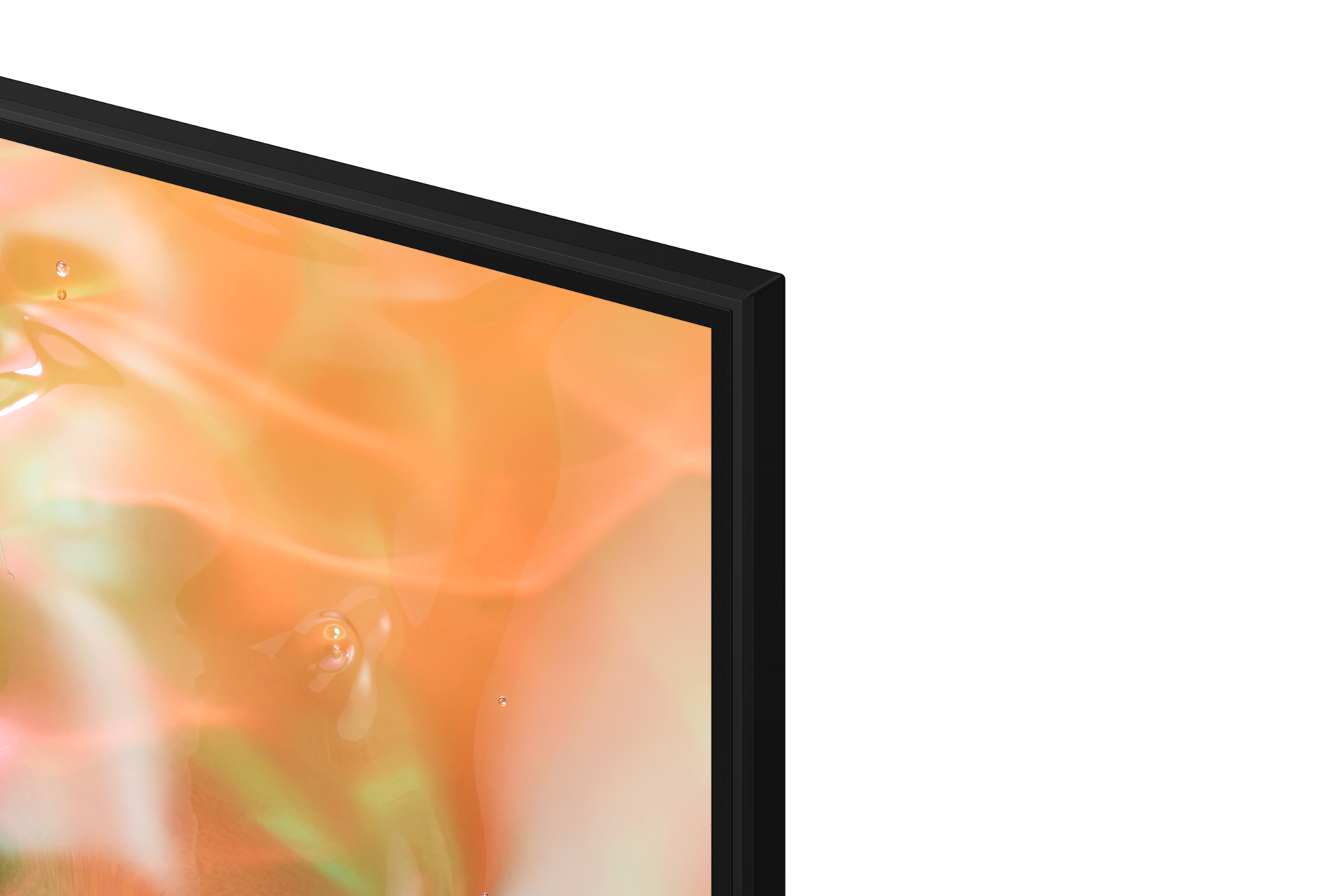 Primo piano di uno schermo TV con cornice nera che mostra un motivo astratto arancione e giallo.
