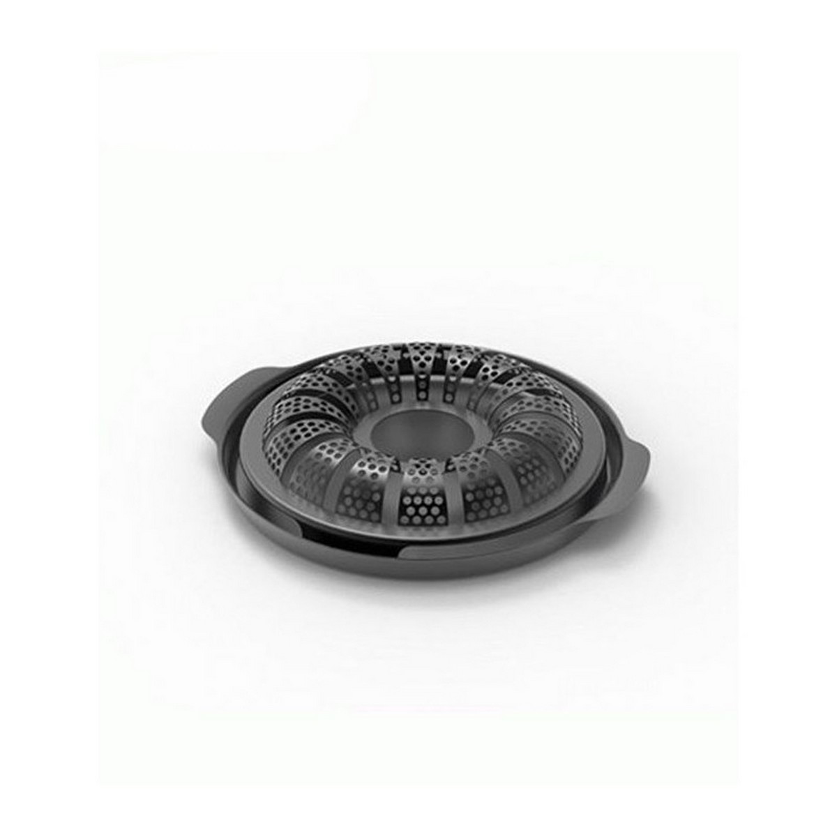 Ein dunkelgraues, kreisförmiges Küchenutensil mit perforiertem Design liegt auf weißem Hintergrund. Es hat eine Ringform mit einem zentralen Loch.