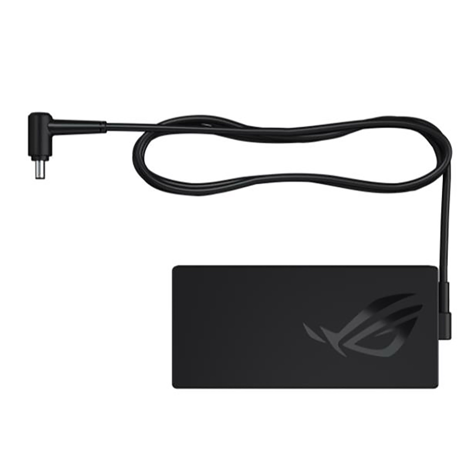 Un adattatore di alimentazione nero rettangolare per laptop con un cavo che si estende verso sinistra, isolato su uno sfondo bianco.
