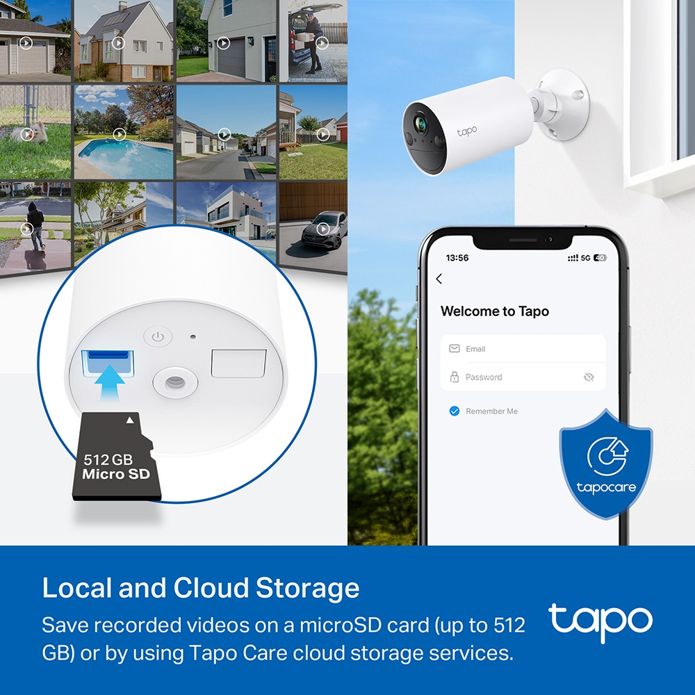 Tapo camera met microSD-slot en app-interface. Lokale & Cloudopslag.