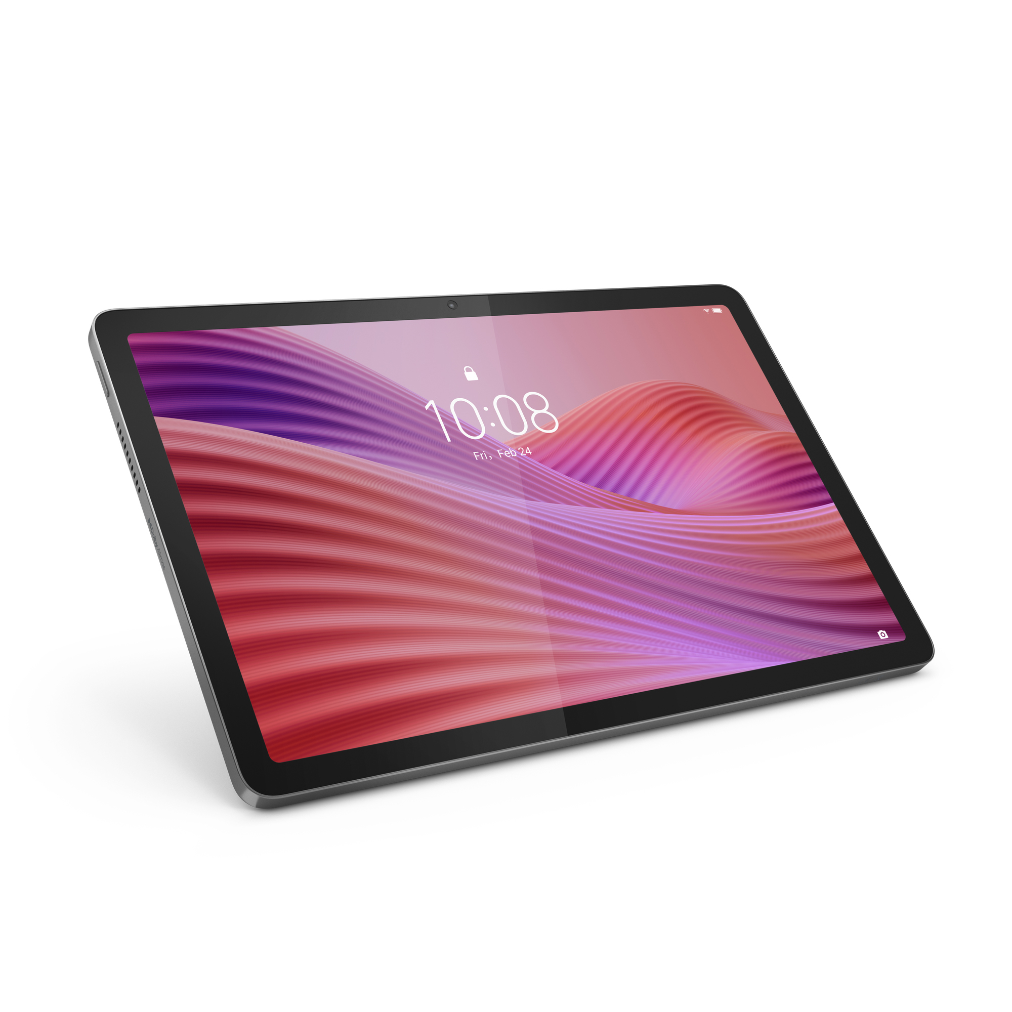 Tablet su superficie bianca. Lo schermo mostra un design ondulato colorato. Il testo indica l'ora e la data.