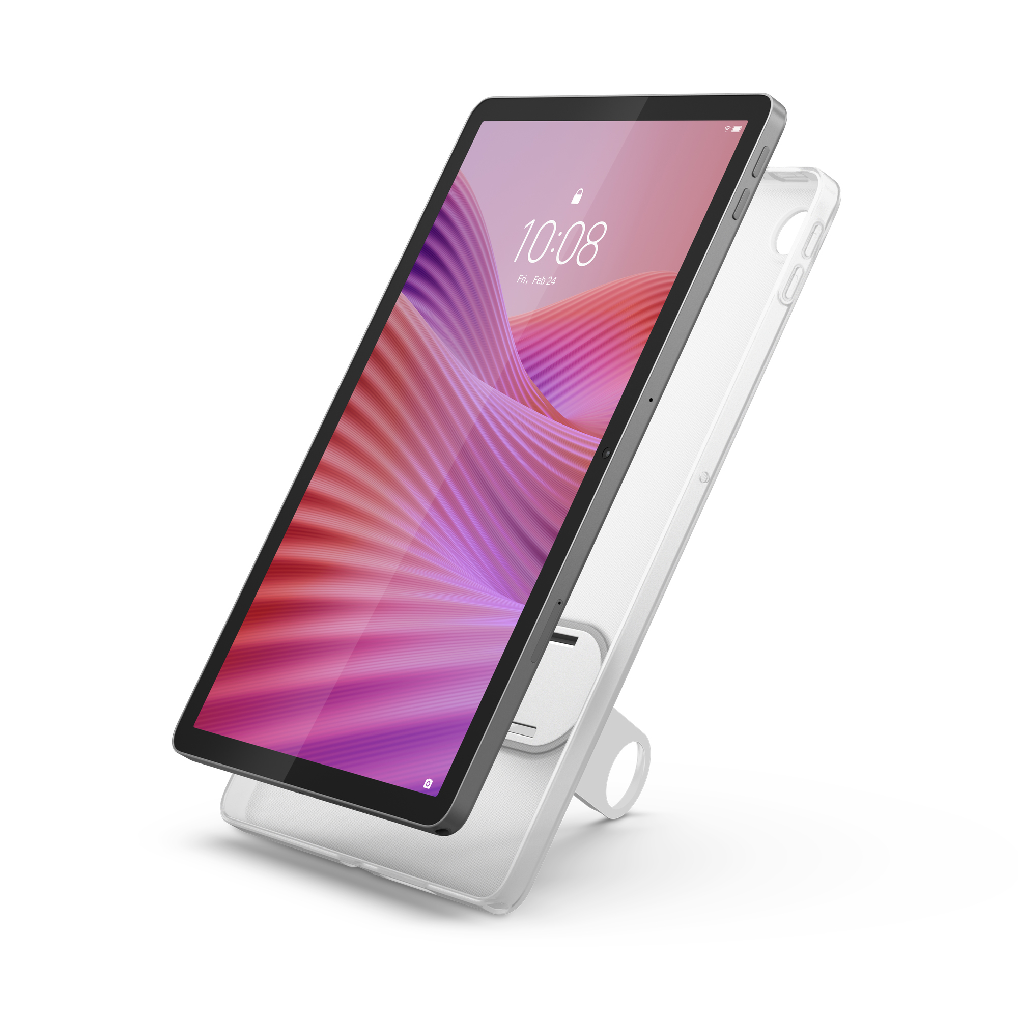 Tablet con un design a onde rosa e viola sullo schermo, in un supporto, accanto a una custodia trasparente.
