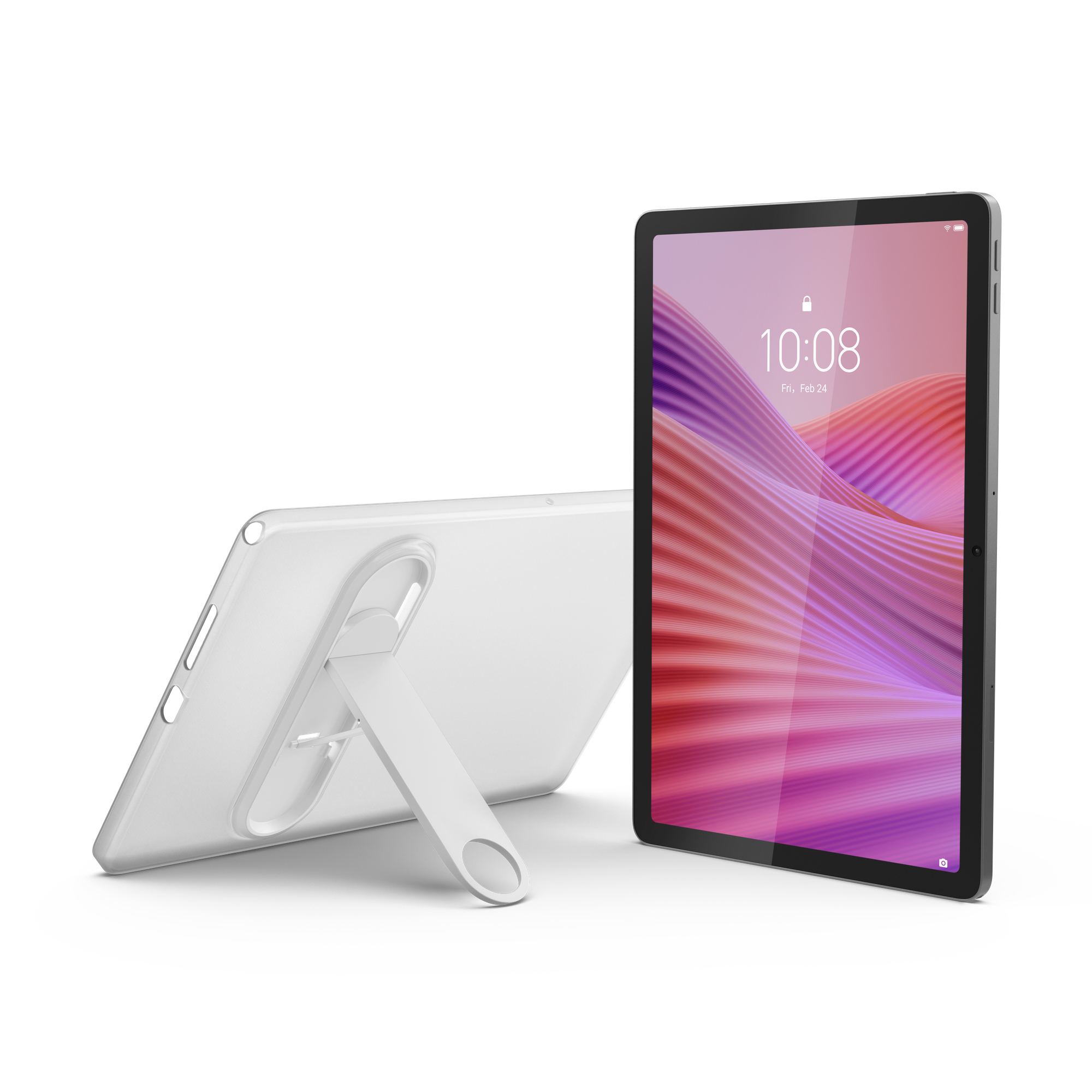 Tablet appoggiato su un supporto, mostra lo schermo con l'ora, di fronte a un altro tablet.