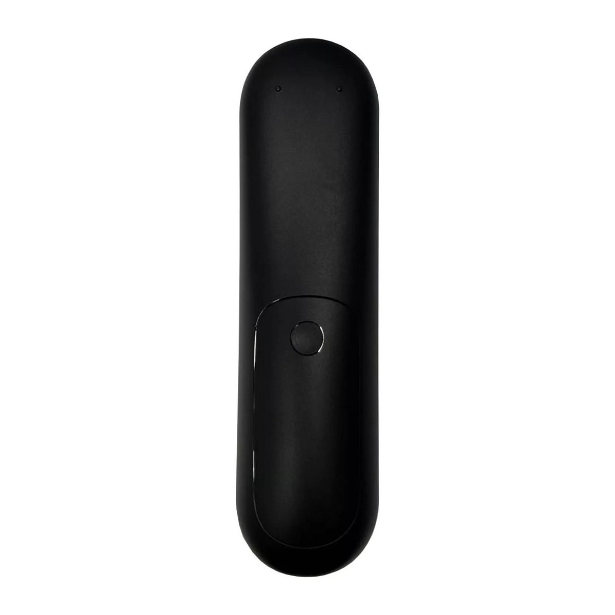 Telecomando nero. Ha un design curvo con un pulsante circolare sul retro.