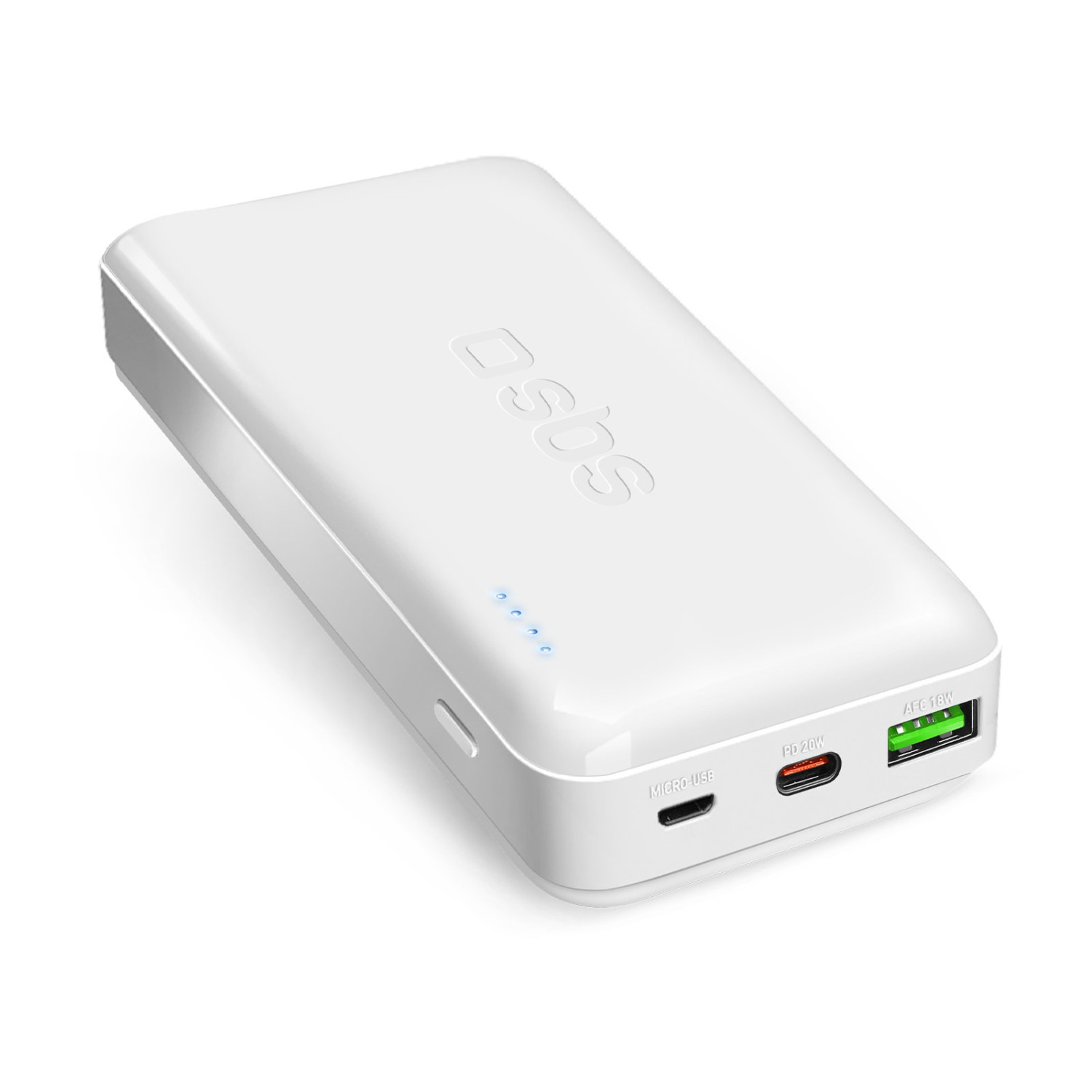 Power bank bianca con la scritta "sos", diverse porte e un indicatore di carica in basso.