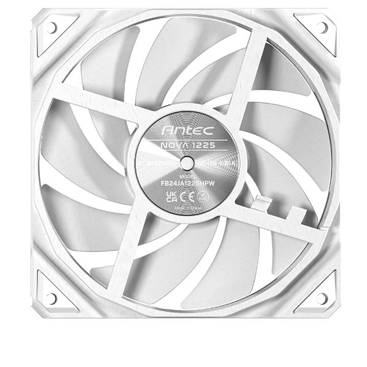 A white computer fan with a circular blade design. The center has a label with the brand Antec and model NOVA 1225.