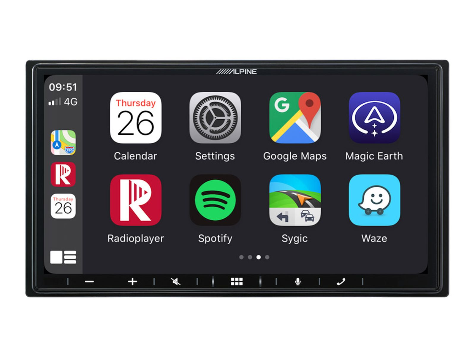 Ein Bildschirm im Auto zeigt App-Symbole, darunter einen Kalender, Google Maps und Spotify.