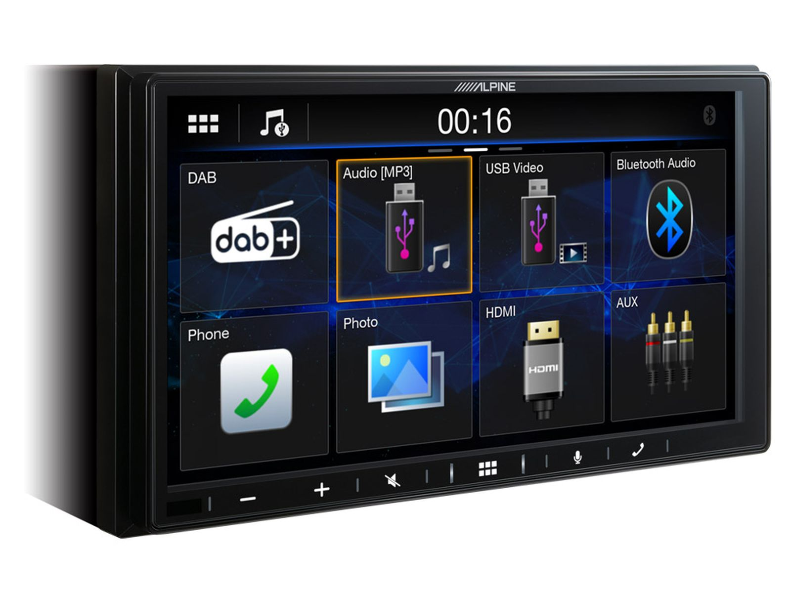 Auto-Multimedia-System mit Radio-, Musik-, USB- und Bluetooth-Optionen.