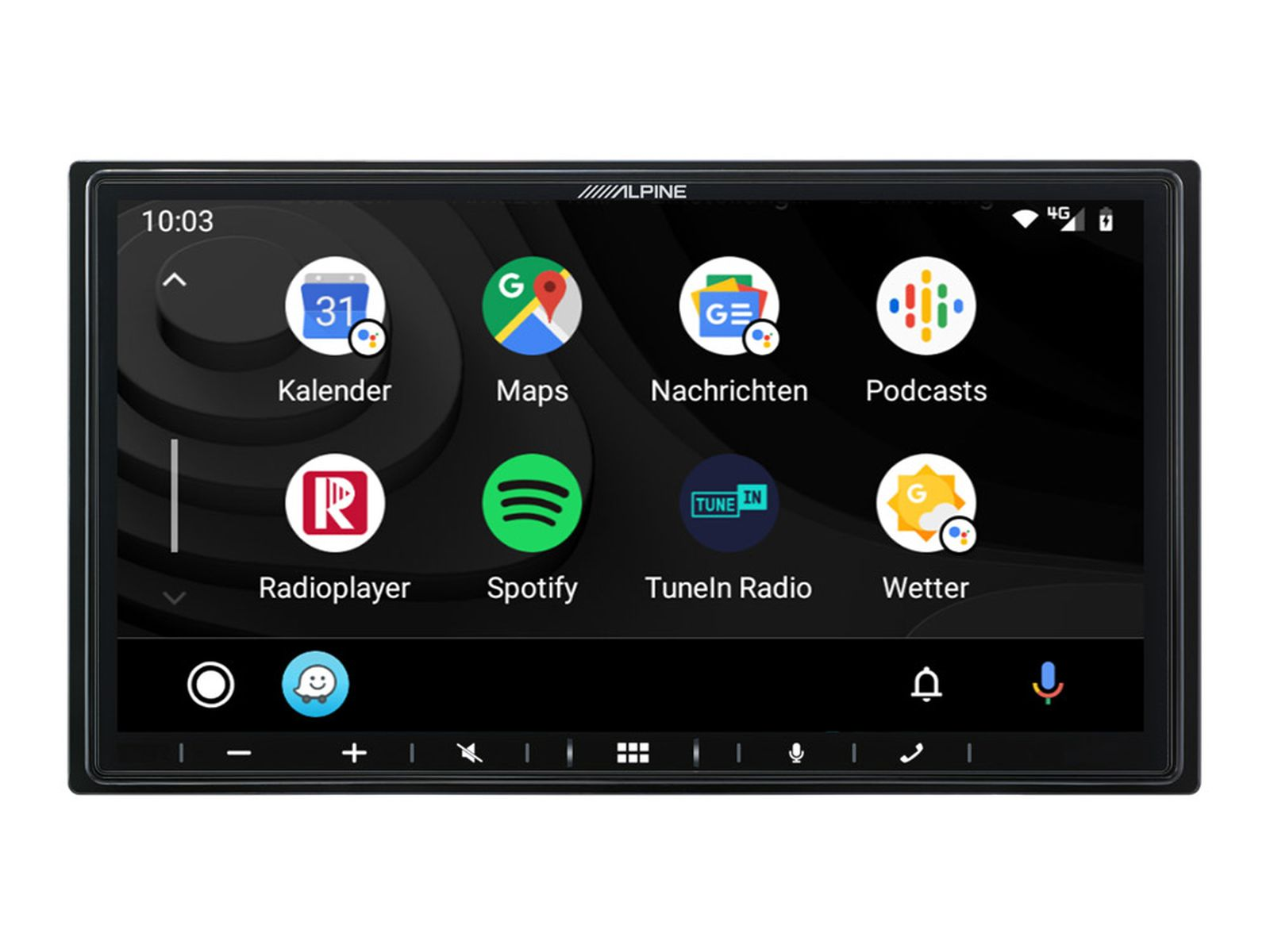 Auto-Infotainment-System-Bildschirm mit App-Symbolen wie Maps, Spotify und Radio.
