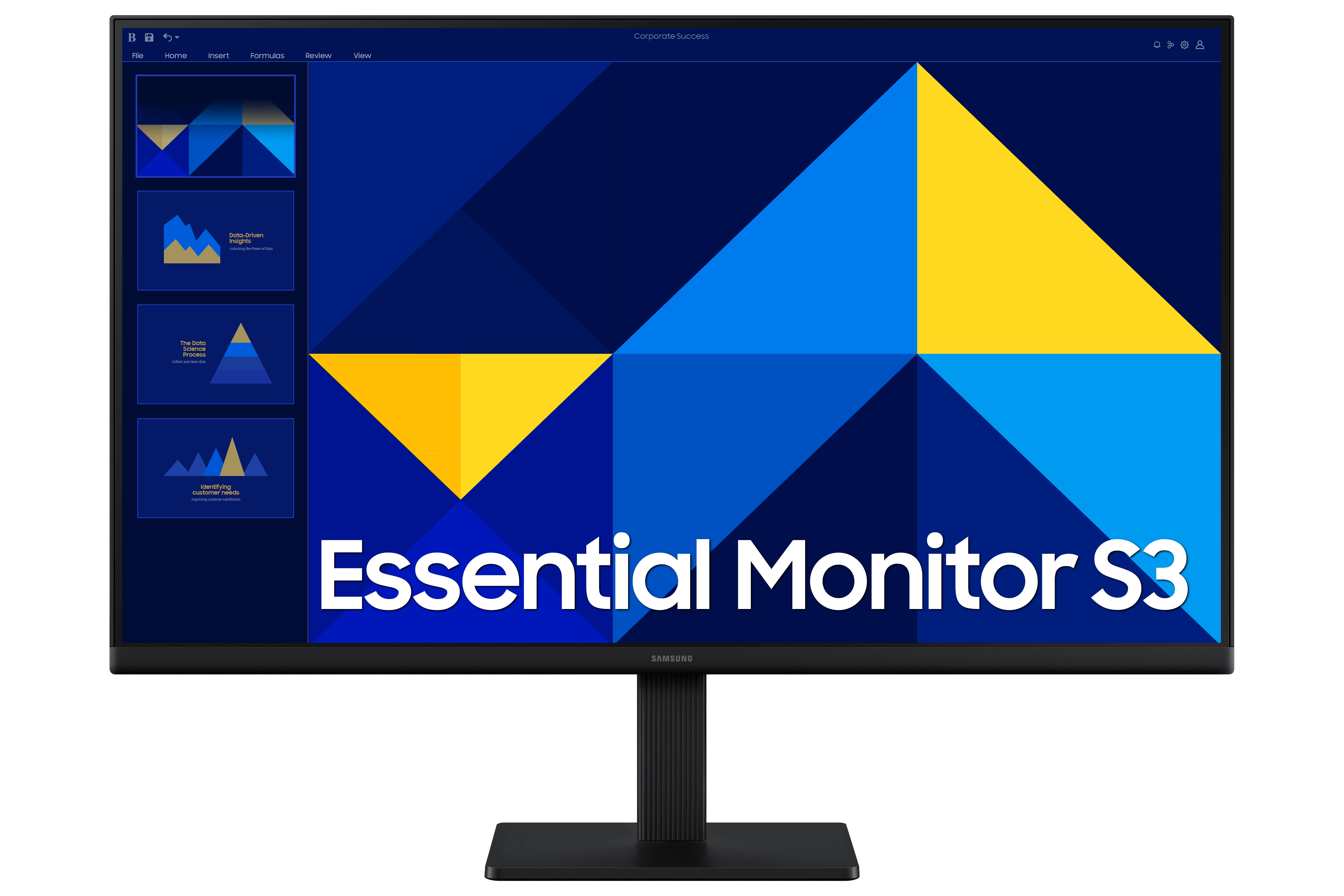 Monitor komputera wyświetlający niebieski i żółty geometryczny slajd prezentacji. Widoczne słowa 'Essential Monitor S3'.