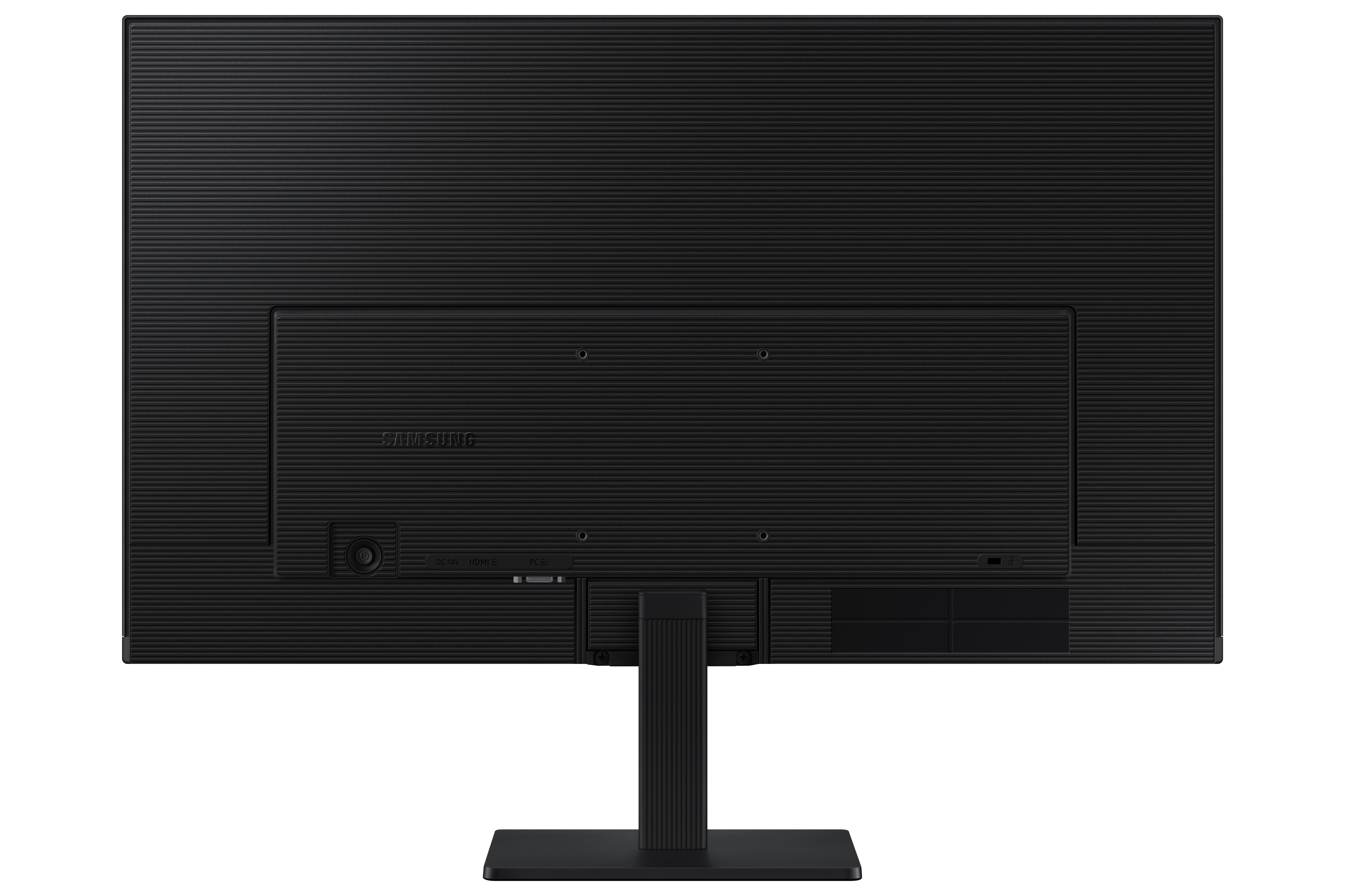 Monitor de computadora negro desde atrás. Tiene varios puertos y un soporte adjunto.