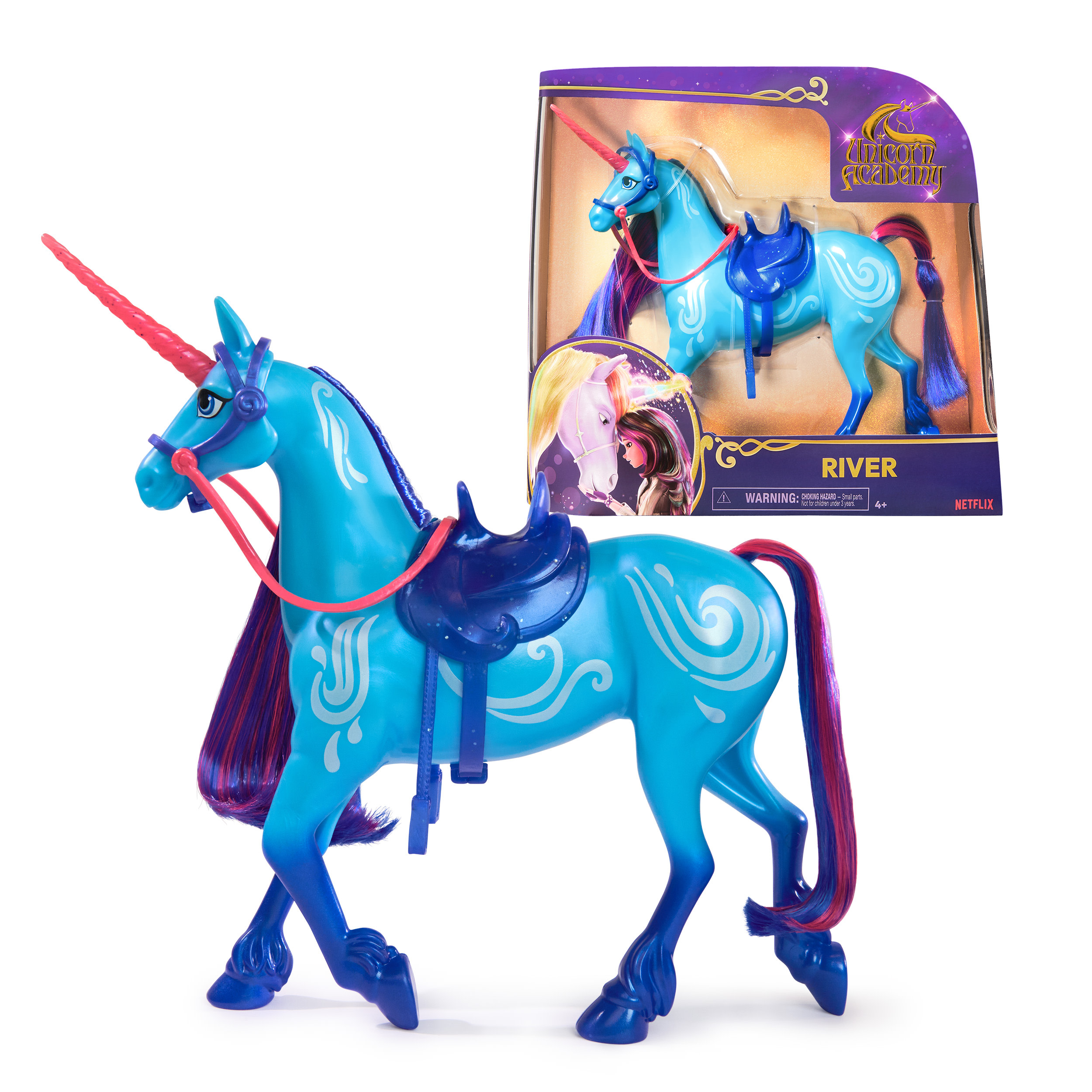 Un unicorno giocattolo blu con una sella blu, criniera viola e una scatola con l'immagine dello stesso unicorno.
