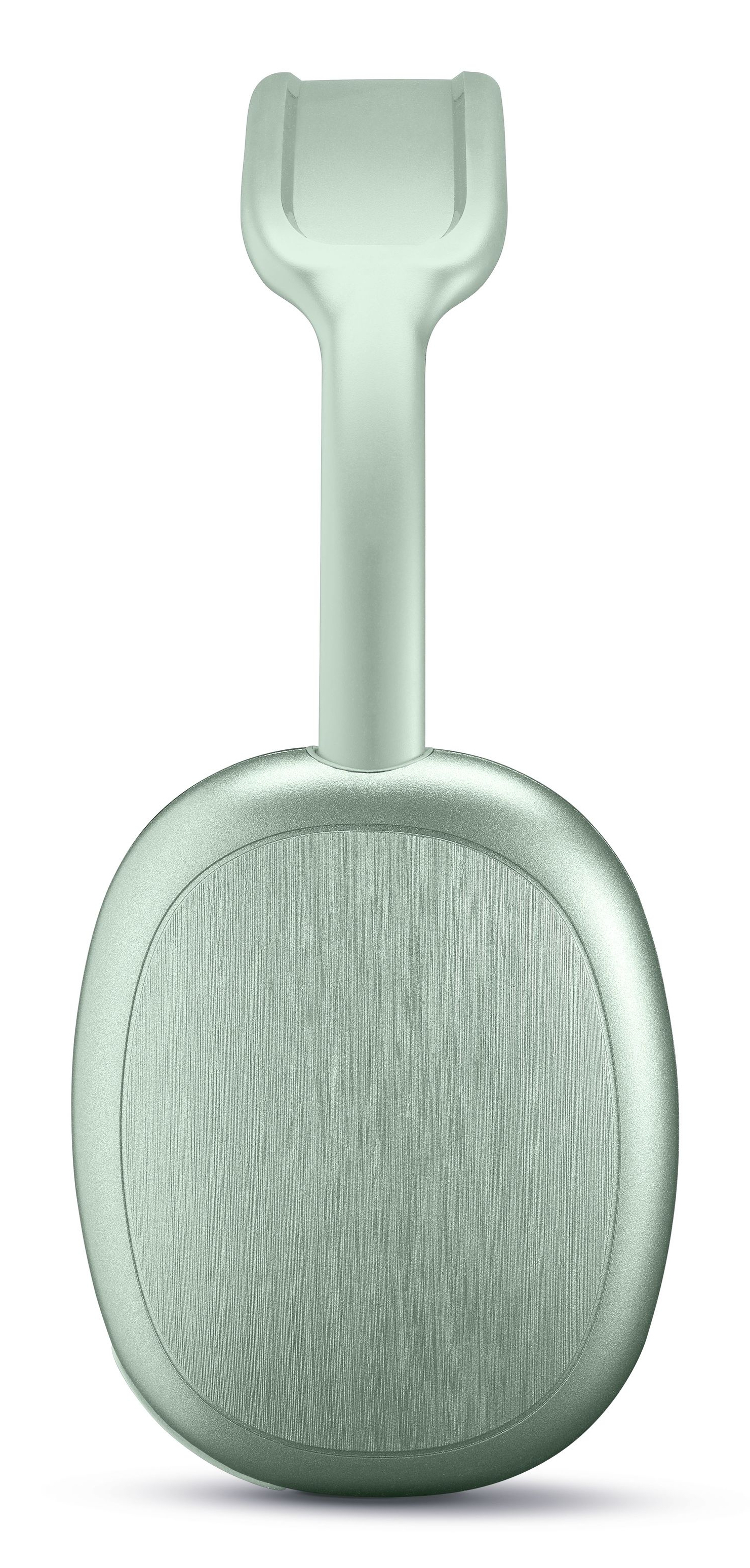 Miętowo-zielony tracker fitness, z długim trzonkiem i owalną podkładką śledzącą.