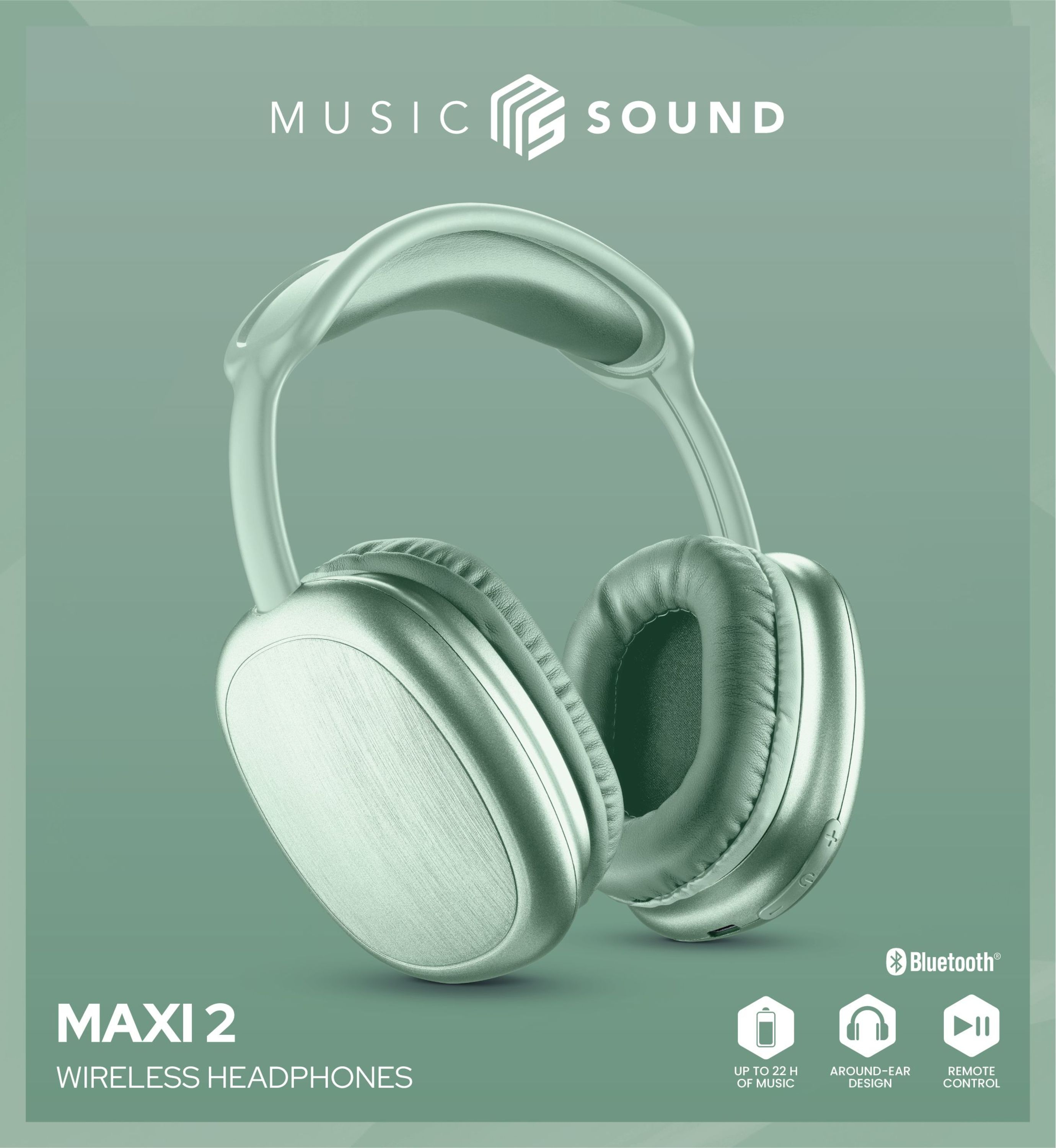 Miętowe bezprzewodowe słuchawki z napisami 'MUSIC SOUND' i 'MAXI 2'.