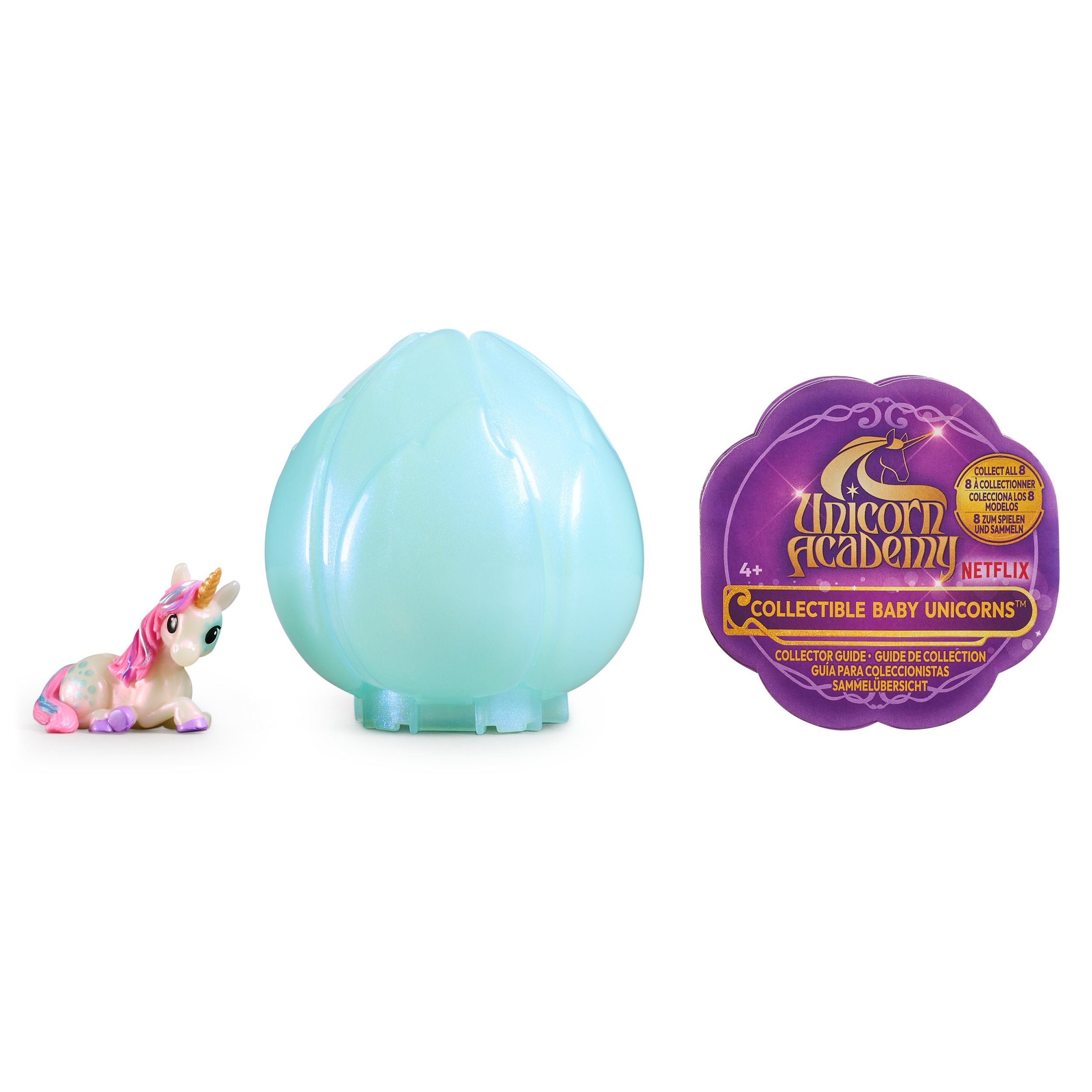 Playset di Unicorn Academy con figura di unicorno, custodia a forma di uovo azzurra e tag collezionabile.