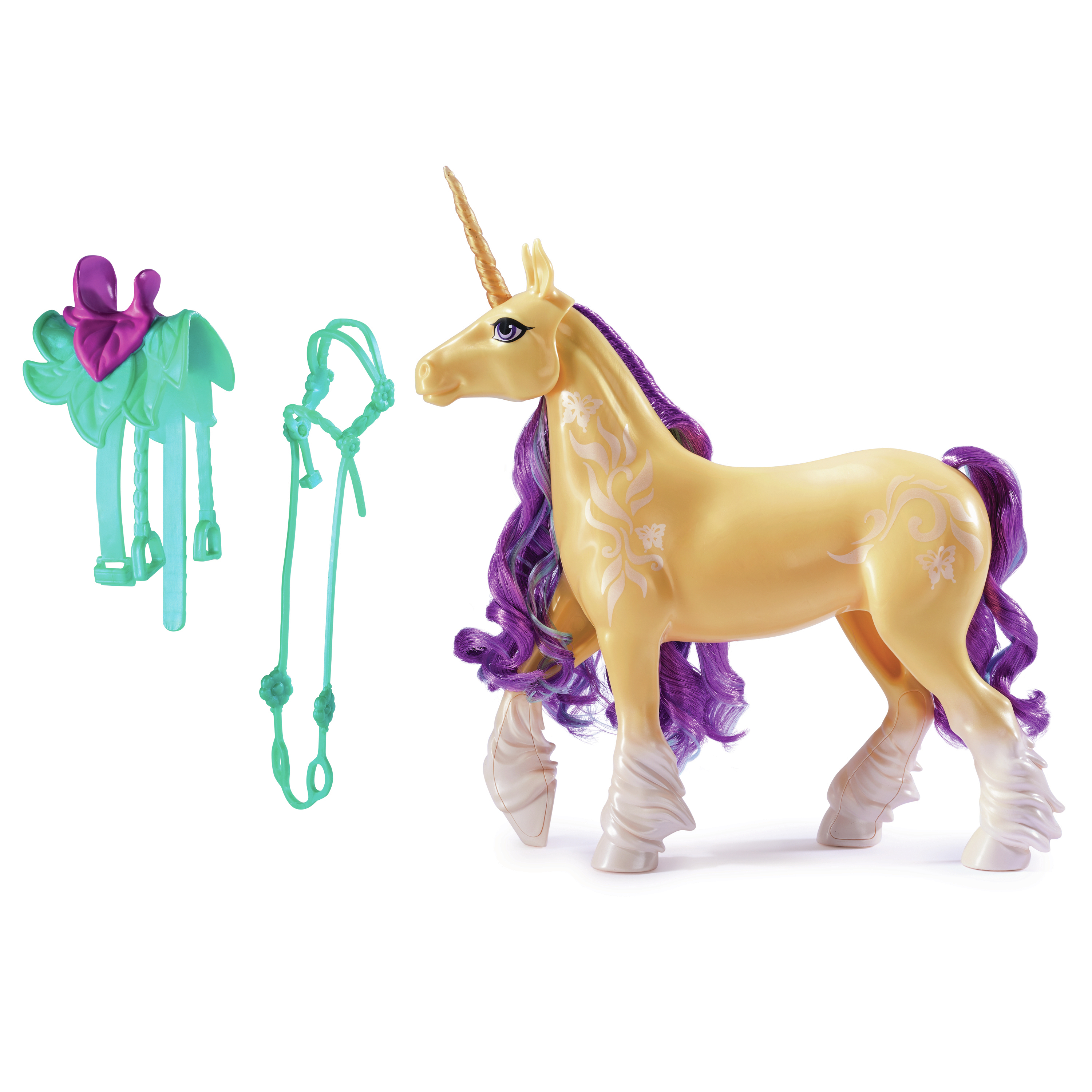Un giocattolo unicorno color cuoio con criniera e coda viola si trova accanto a un set di sella e briglia verde acqua.